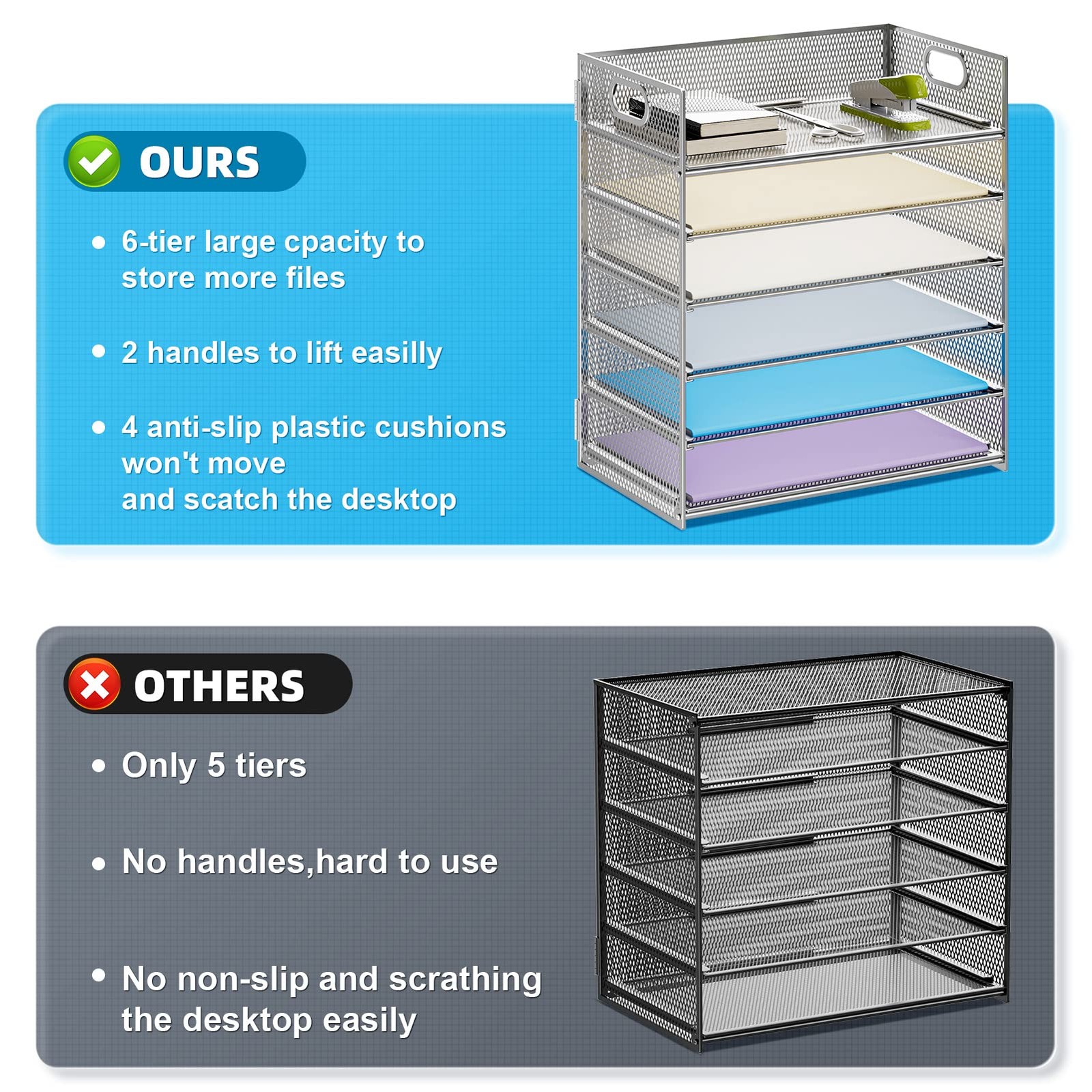 6Tier Mesh File Organizer with Handle, Letter/A4 Paper Tray Silver