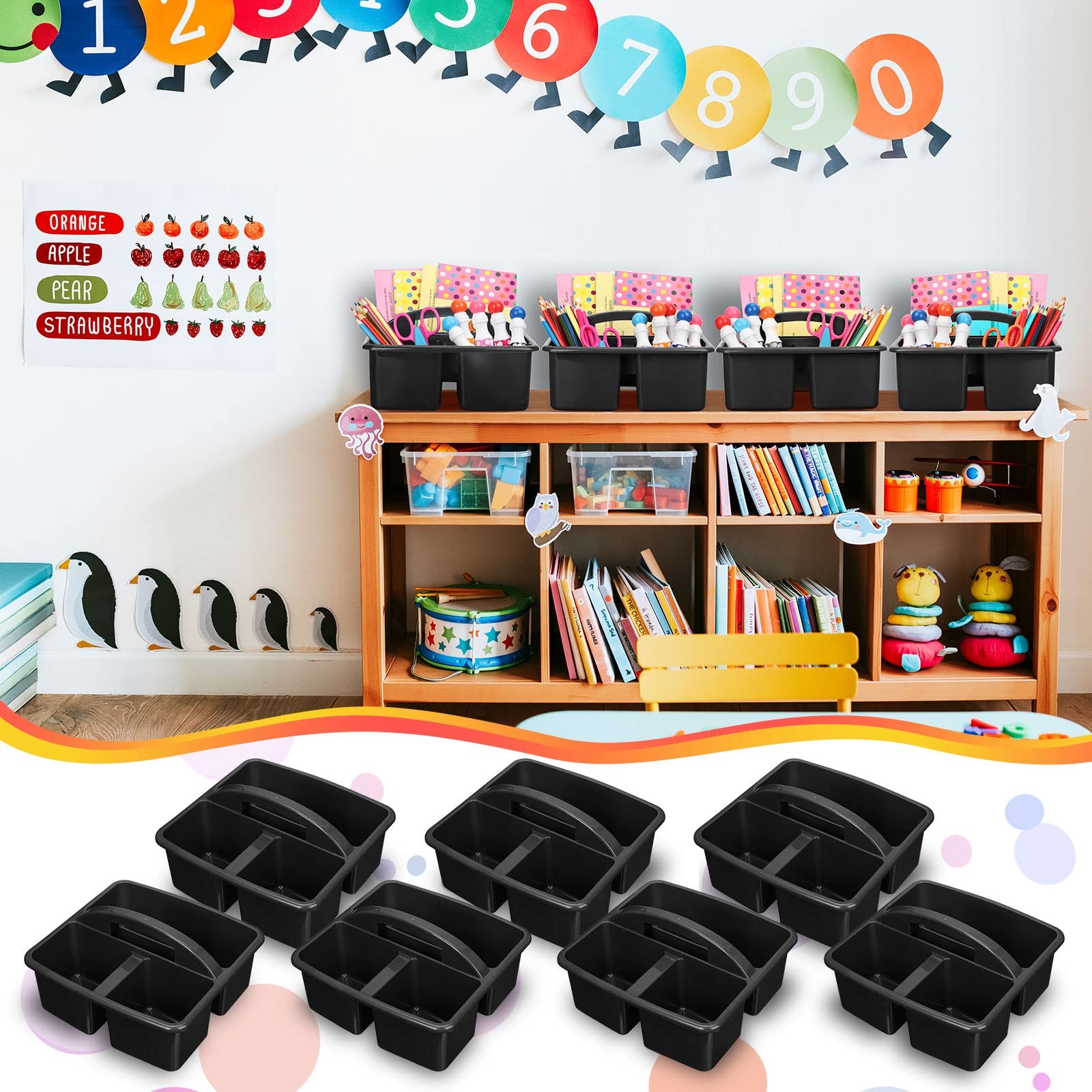 24 Pack Classroom Caddy Bulk, Black Plastic Caddy Organizer with Handle 3-com…