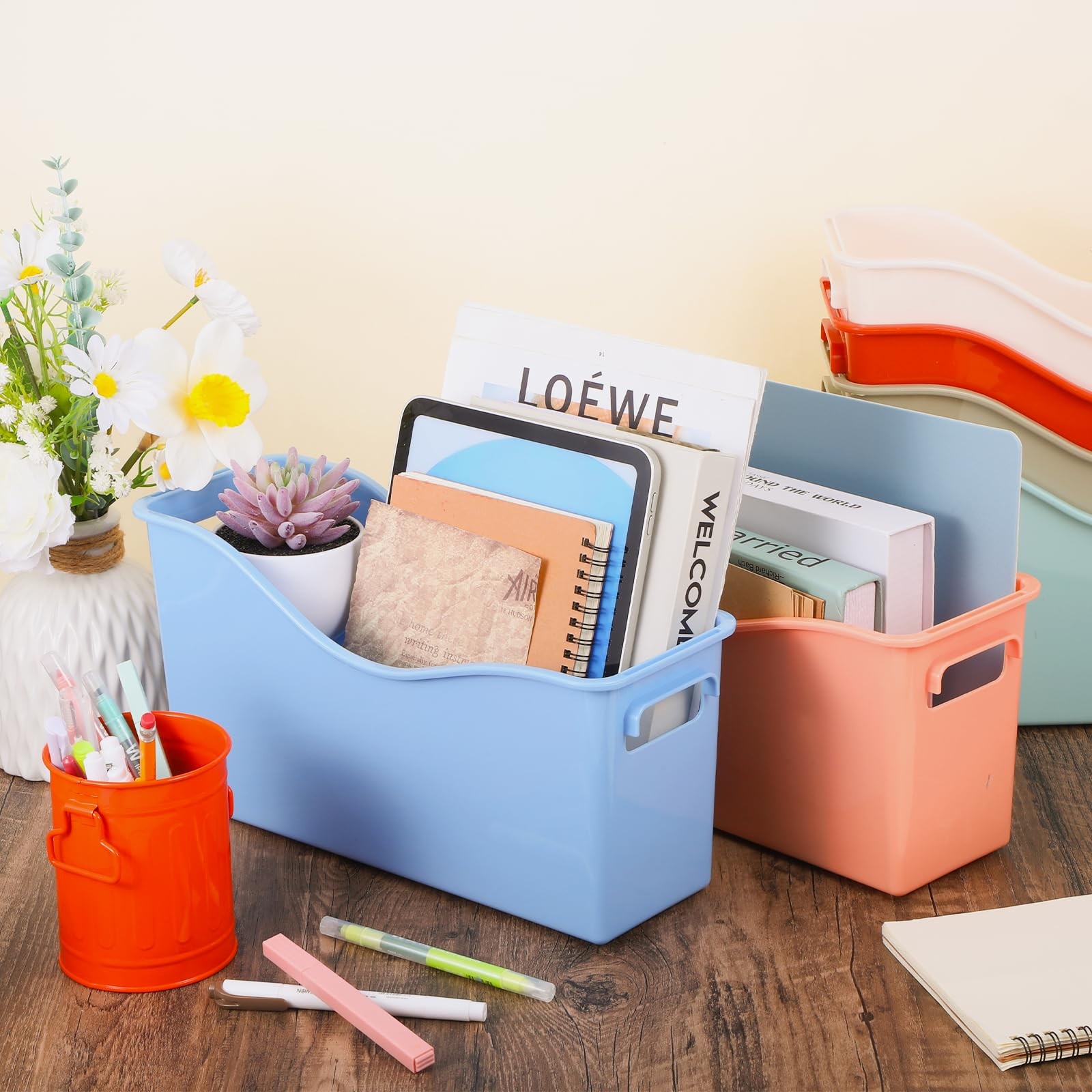 6 PCS Plastic Book Binder Holders Classroom Storage Bins with Handles 6 Colors