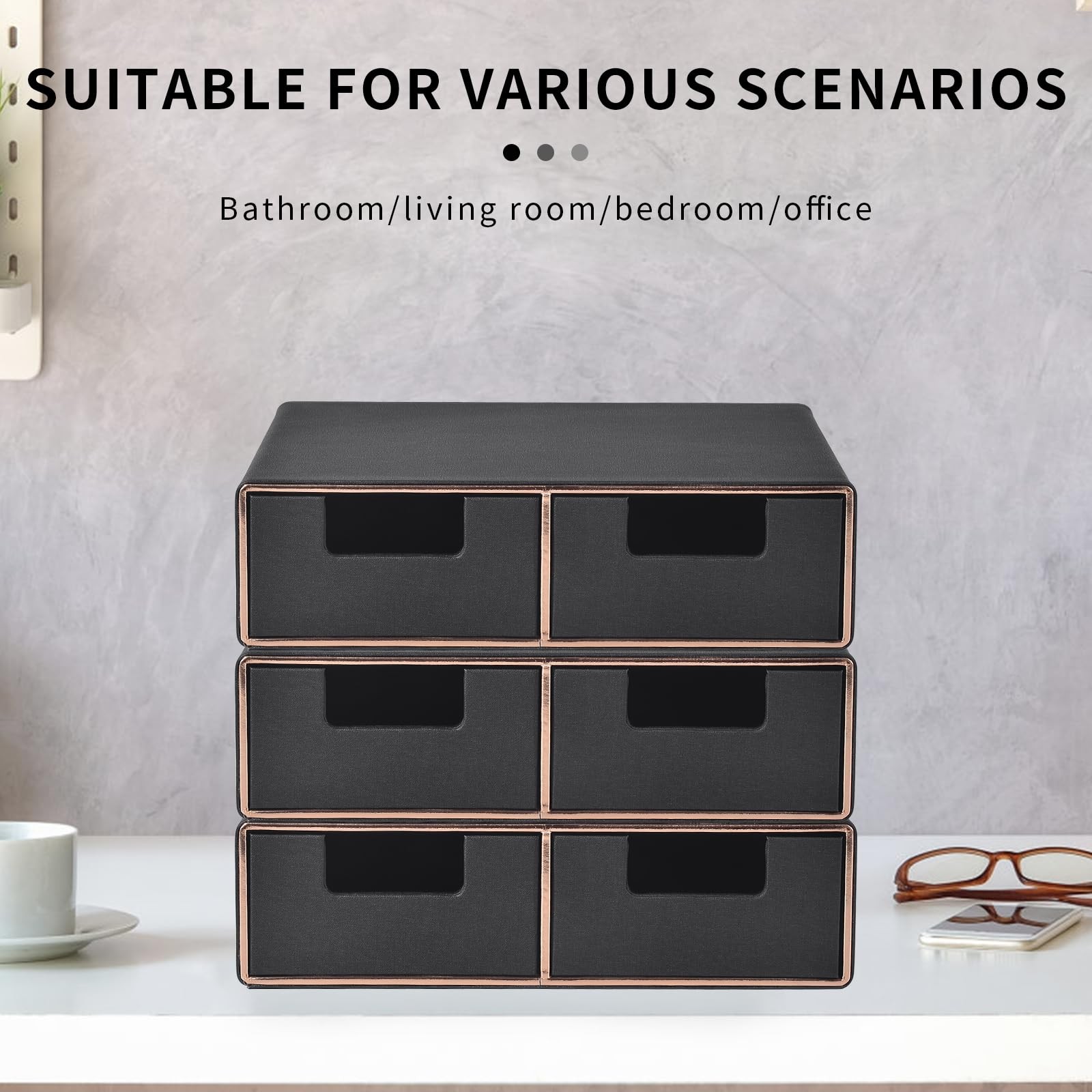 Linen Leather Desk Organizer and monitor stand with Drawers－Mini Desktop Draw…