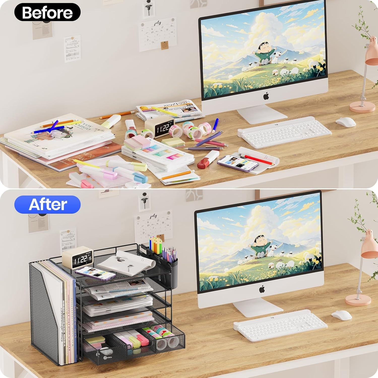 Desk Organizer, 5-Tier Paper File Organizer with Drawer & Pen Holder, Office Des