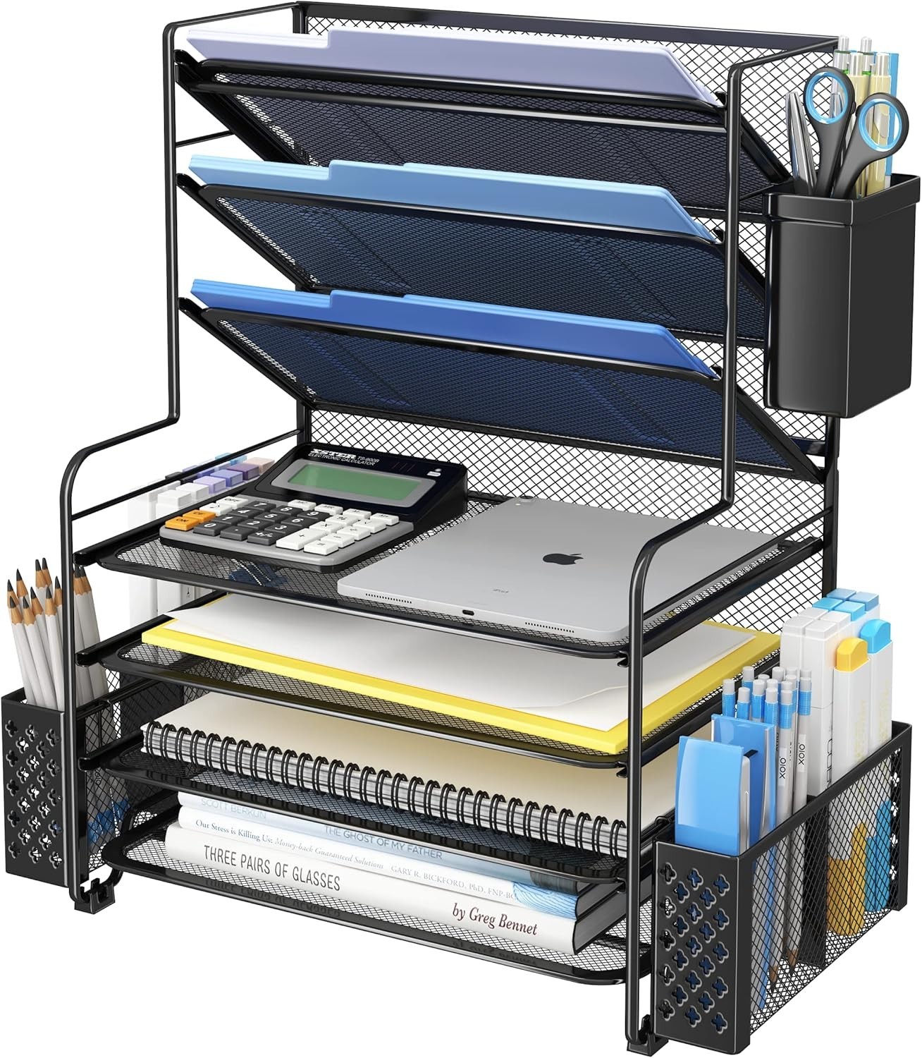 7 Tier Desk File Organizer with Metal Basket and Pen Holder for Office Supplies