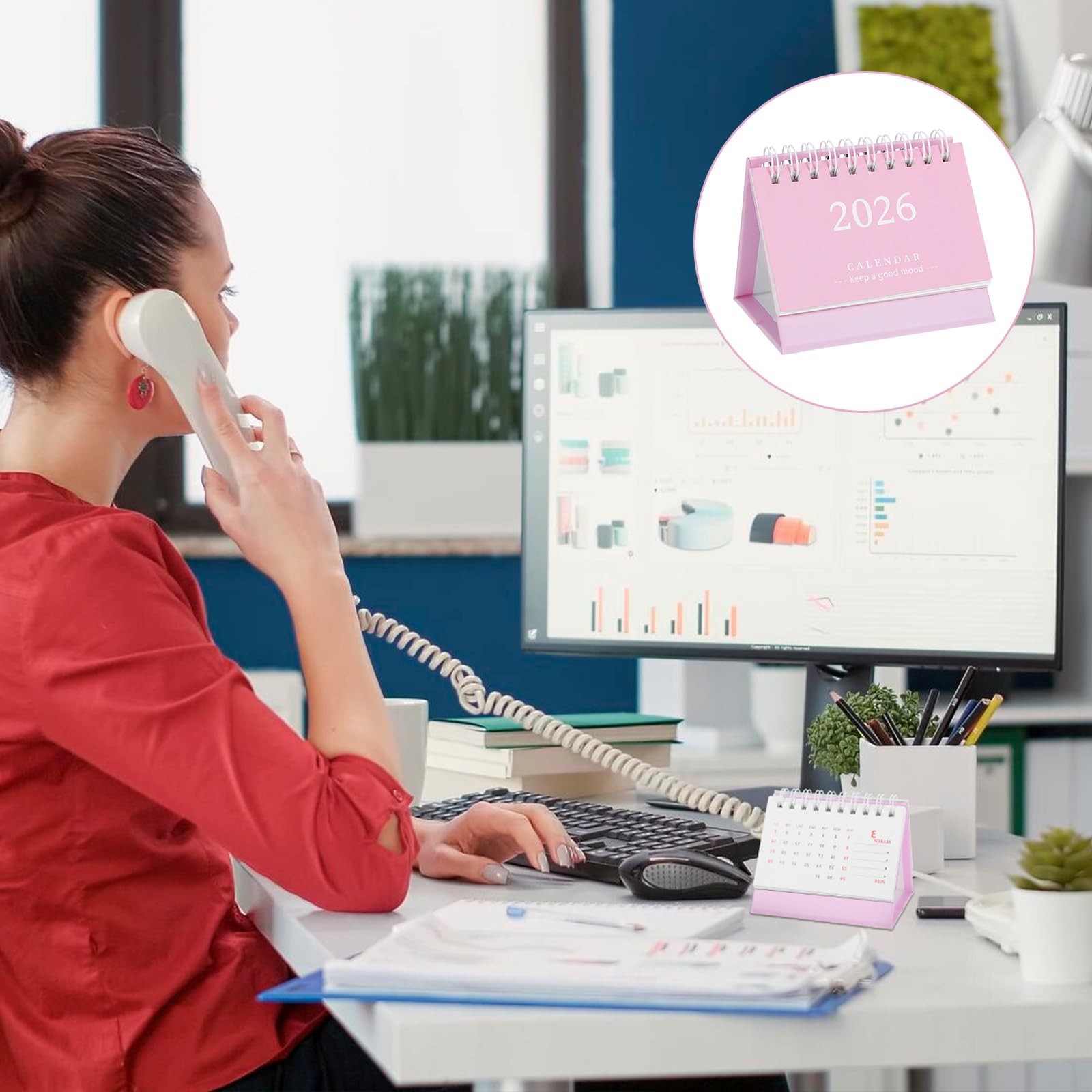Tyqour Small Desk Calendar 2026 Mini Standing Flip Desktop Pink