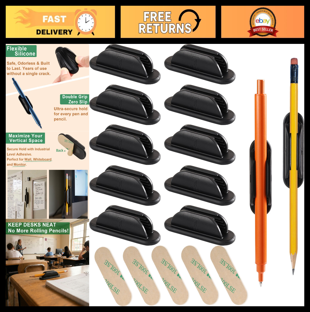 10 Pack Adhesive Pencil Holders for Desk & Wall, Silicone Grip for Classroom & O