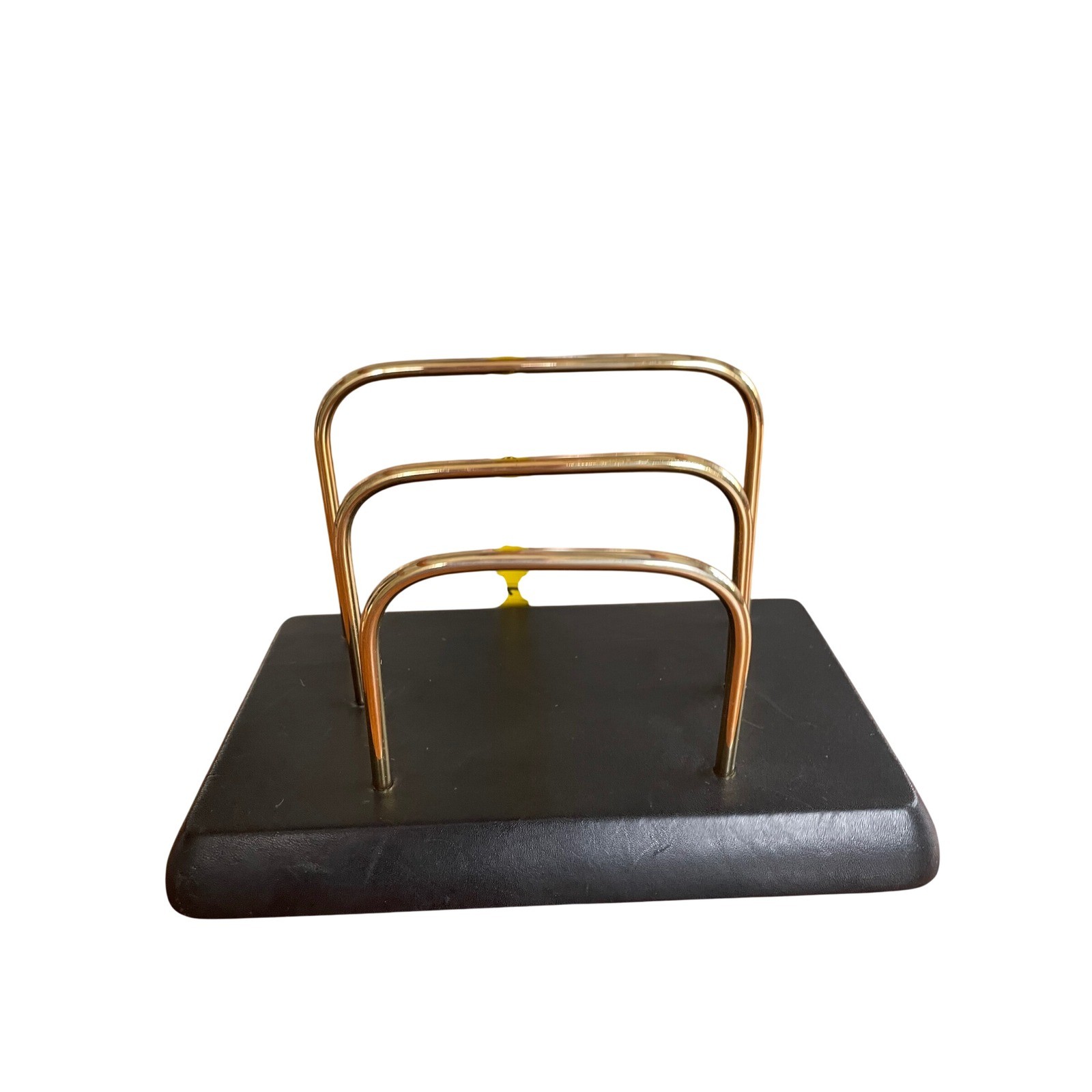 Vintage Tiered Letter Sorter Desk Organizer Gold Wire Black Faux Leather Base
