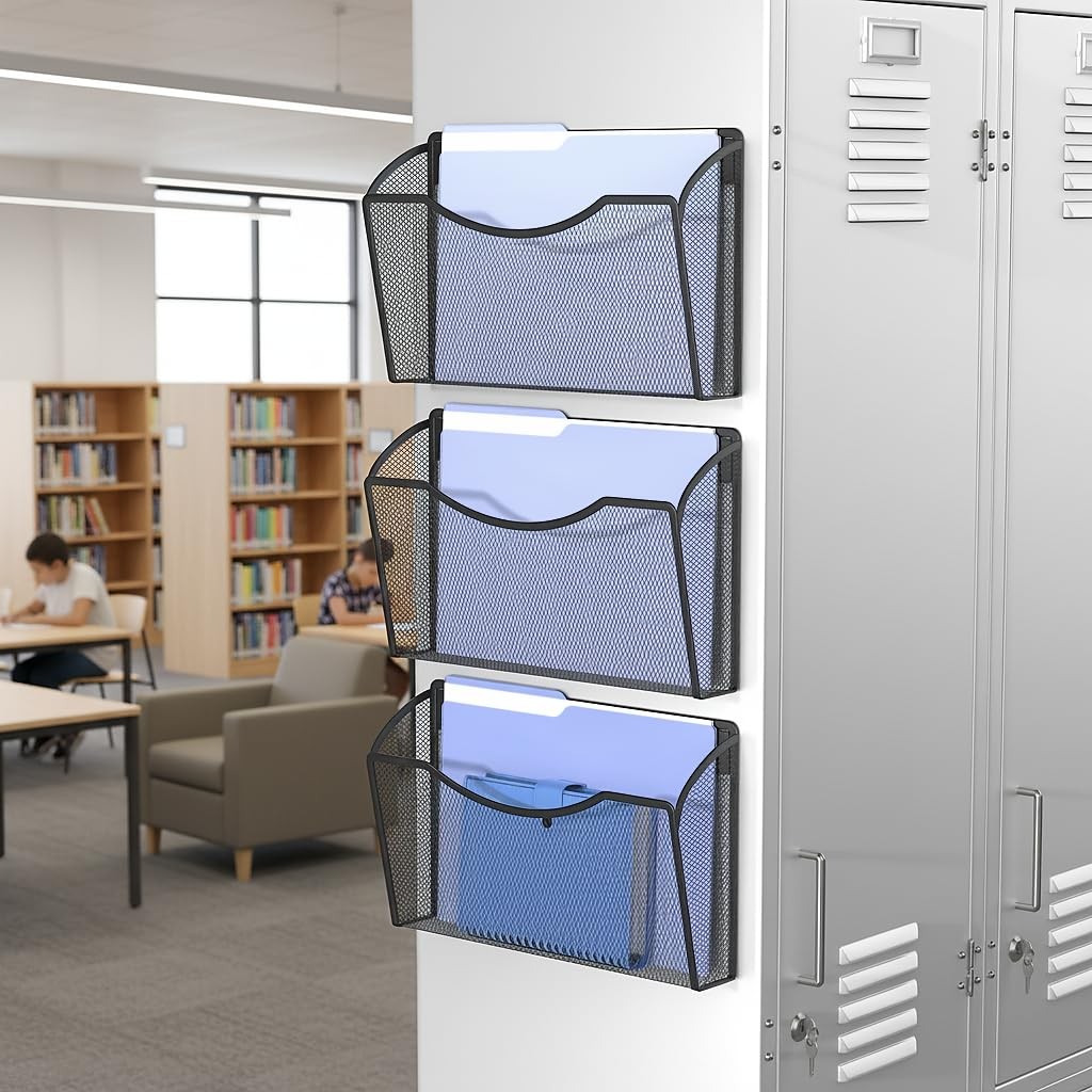 MINDEPOT Magnetic Wall File Organizer,Hanging 3Pack Magnetic, Black