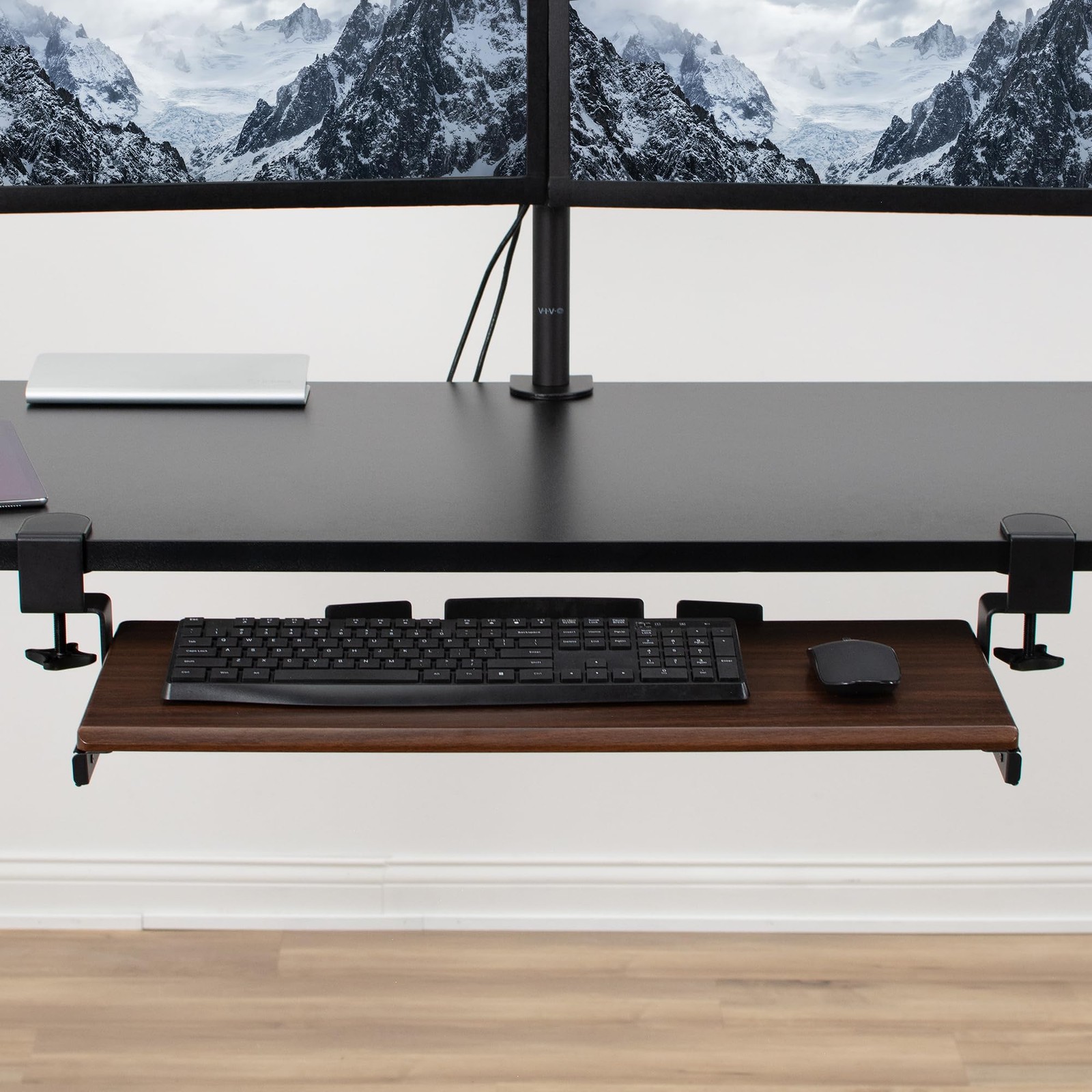 VIVO Large Clamp-on Computer Keyboard and Mouse Under 27 inch, Dark Walnut