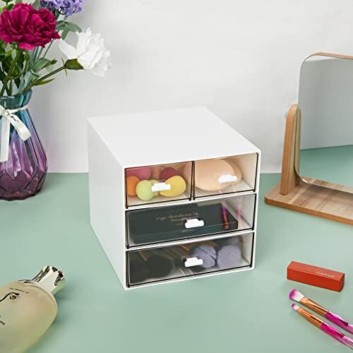 Desk Organizer with 4 Drawers, Clear Plastic Desk Storage Box, White-4 Draws