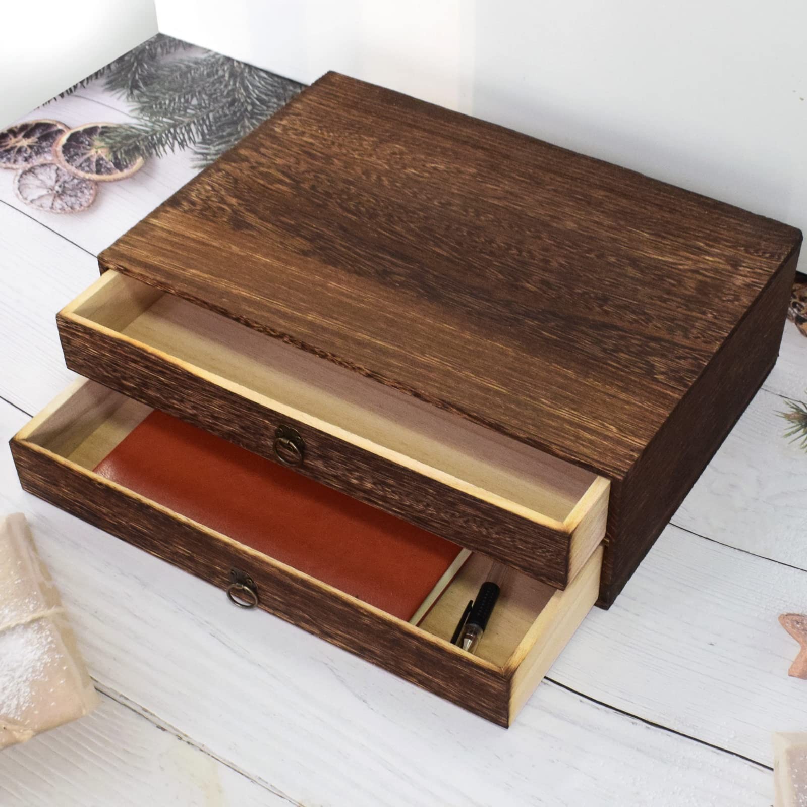 KeaJuidy 2-Drawer Wooden Desk Organizer Wood Desktop 2-layer, Dark Brown