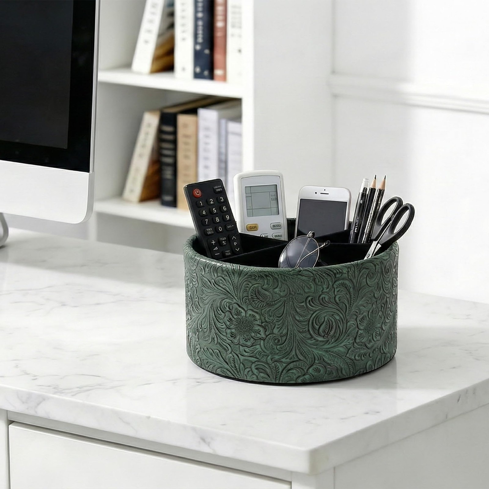 Remote Control Holder, 360°Spinning PU Leather Desk TV Remote Caddy,Desk Stor…