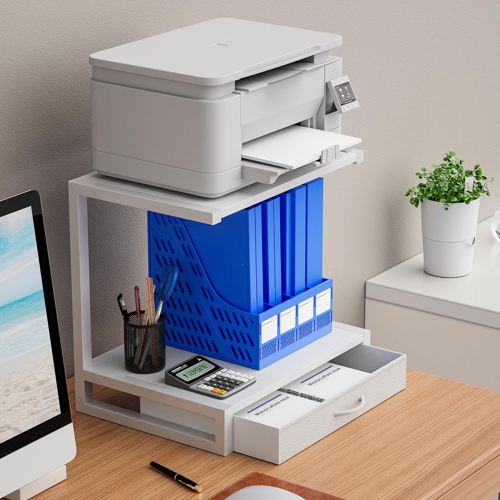 YAOHUOO 2-Tier Desktop Printer Stand with Fabric Drawer, Middle, White