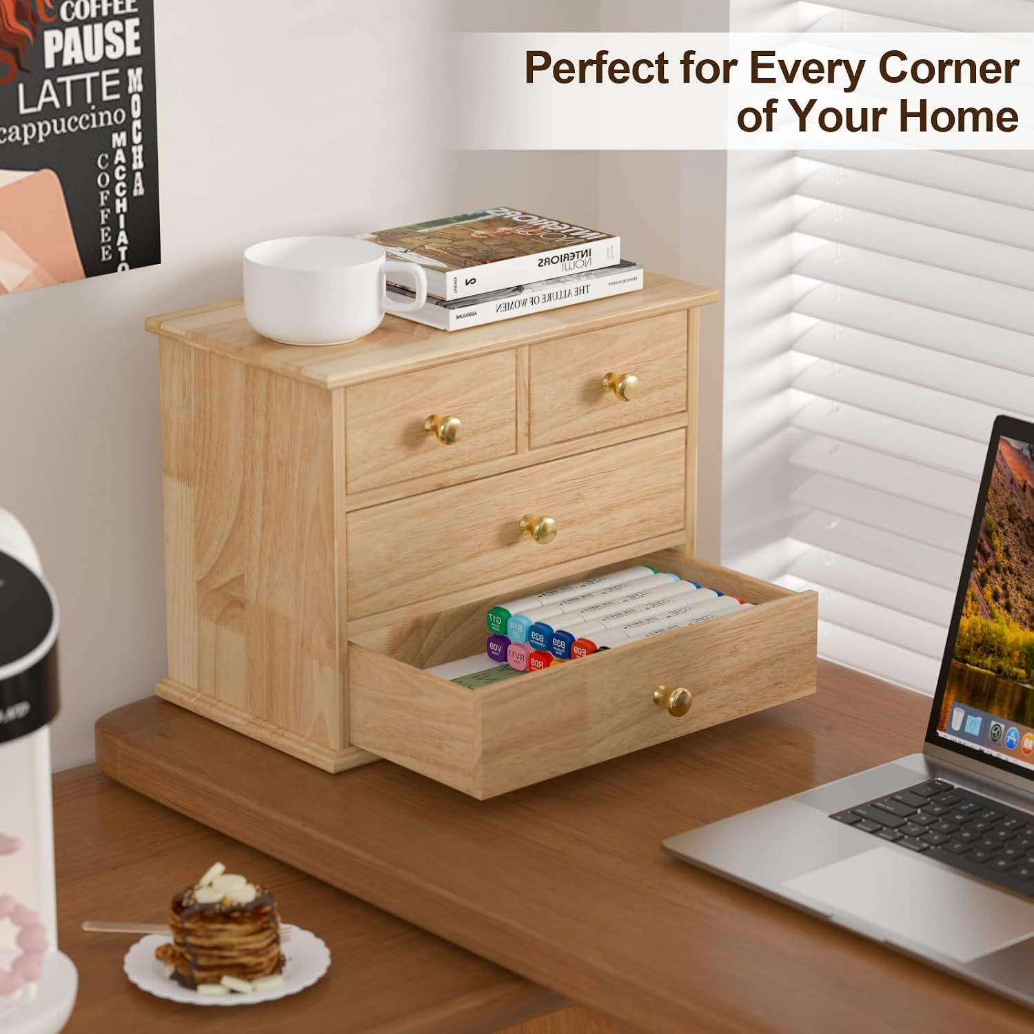 Oak Desk Organizer with Drawers, Durable Wooden Desktop Storage Box with Metal H