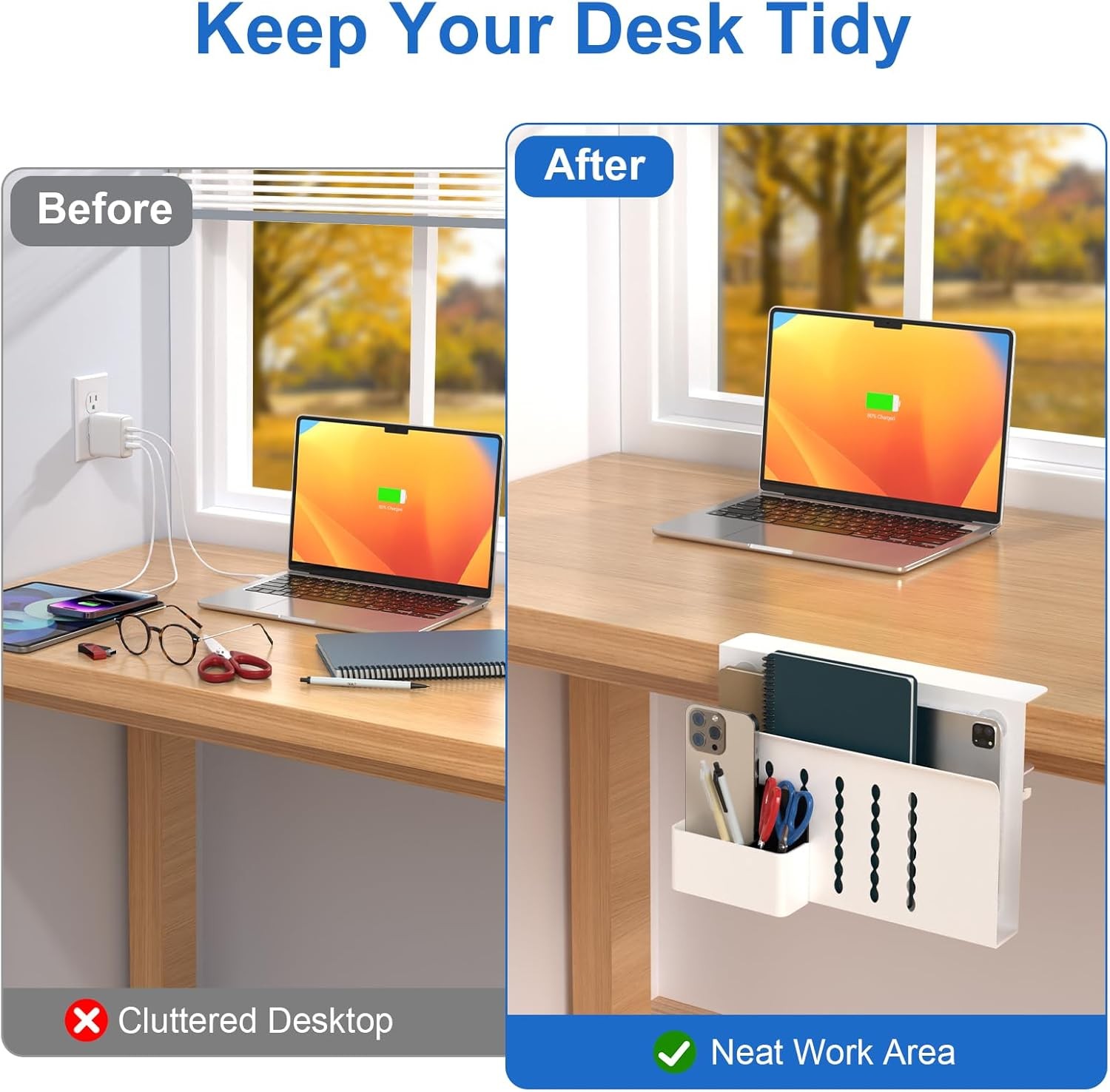 Desk Side Storage, Single-Layer Steel Hanging Desk Organizer with Pen Holder
