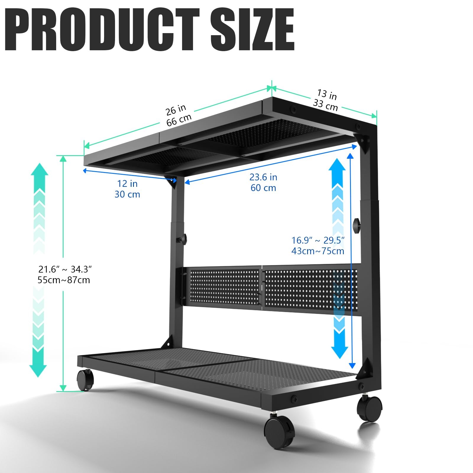 Moricher Computer Tower Stand – Height Adjustable 2-Tier 26×13×34 in, Black