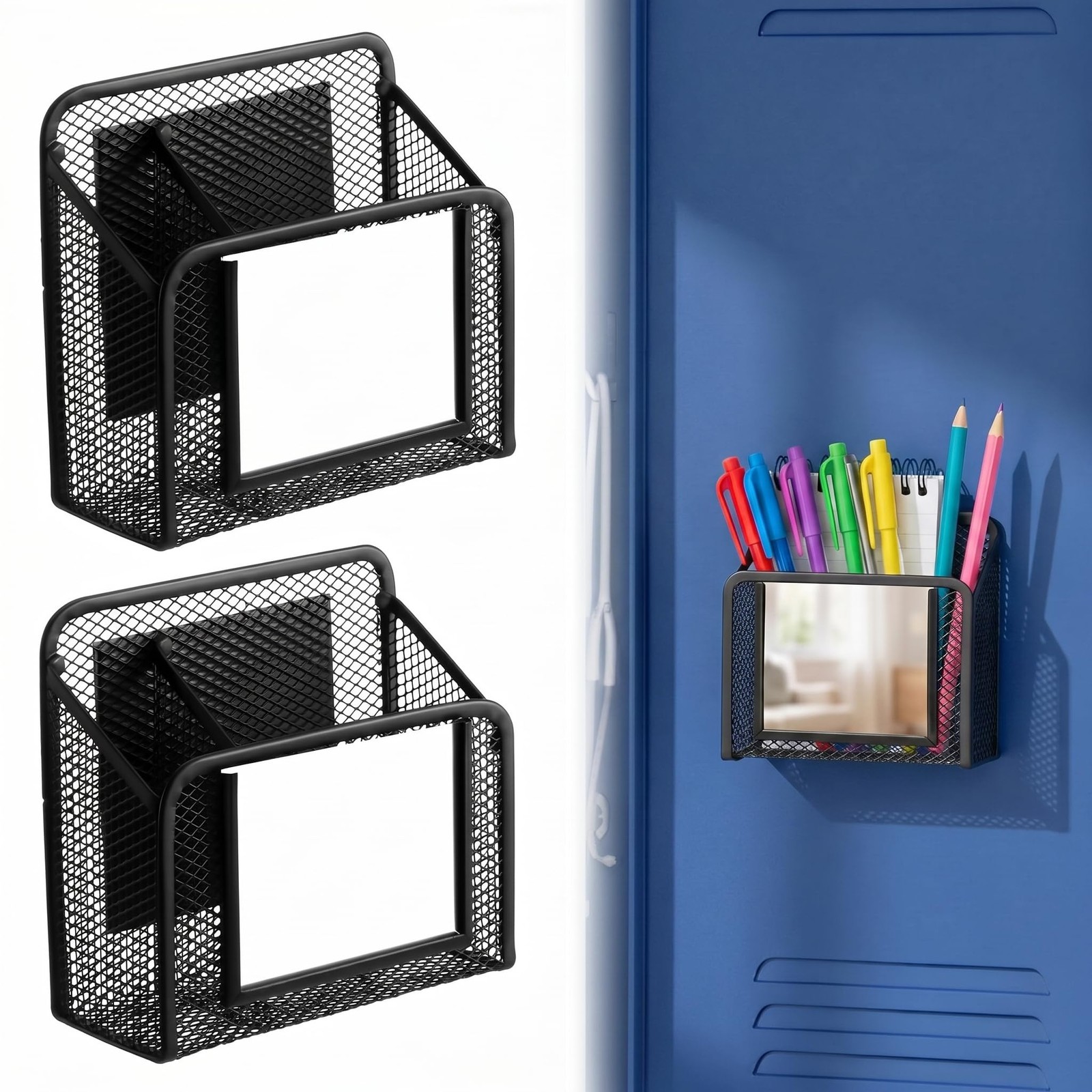 2 Pack Magnetic Mesh Locker Organizer with Mirror, Magnetic Pencil Holder Sto…