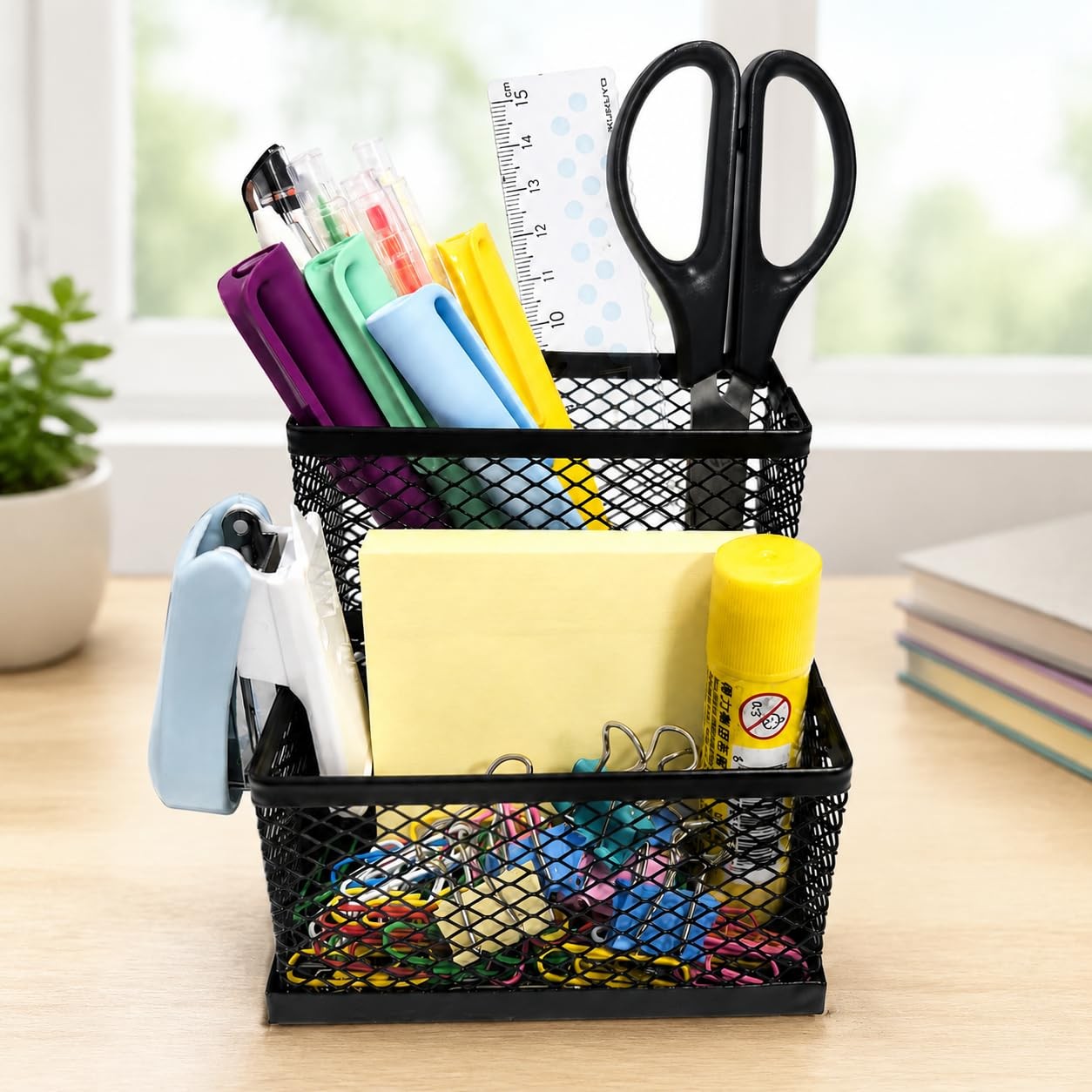 SHFKS Pen Holder for Desk Organizer,2Compartments Office Supply Black