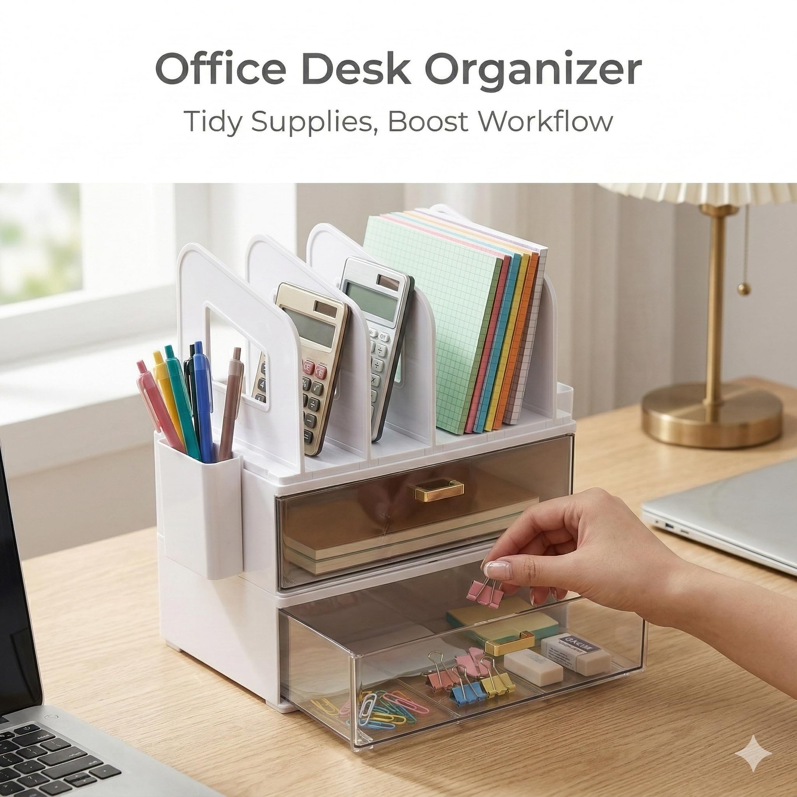 CiWiVOKi White Desk Organizer with 4 File Holder Slots, 2 Clear 5 pc,
