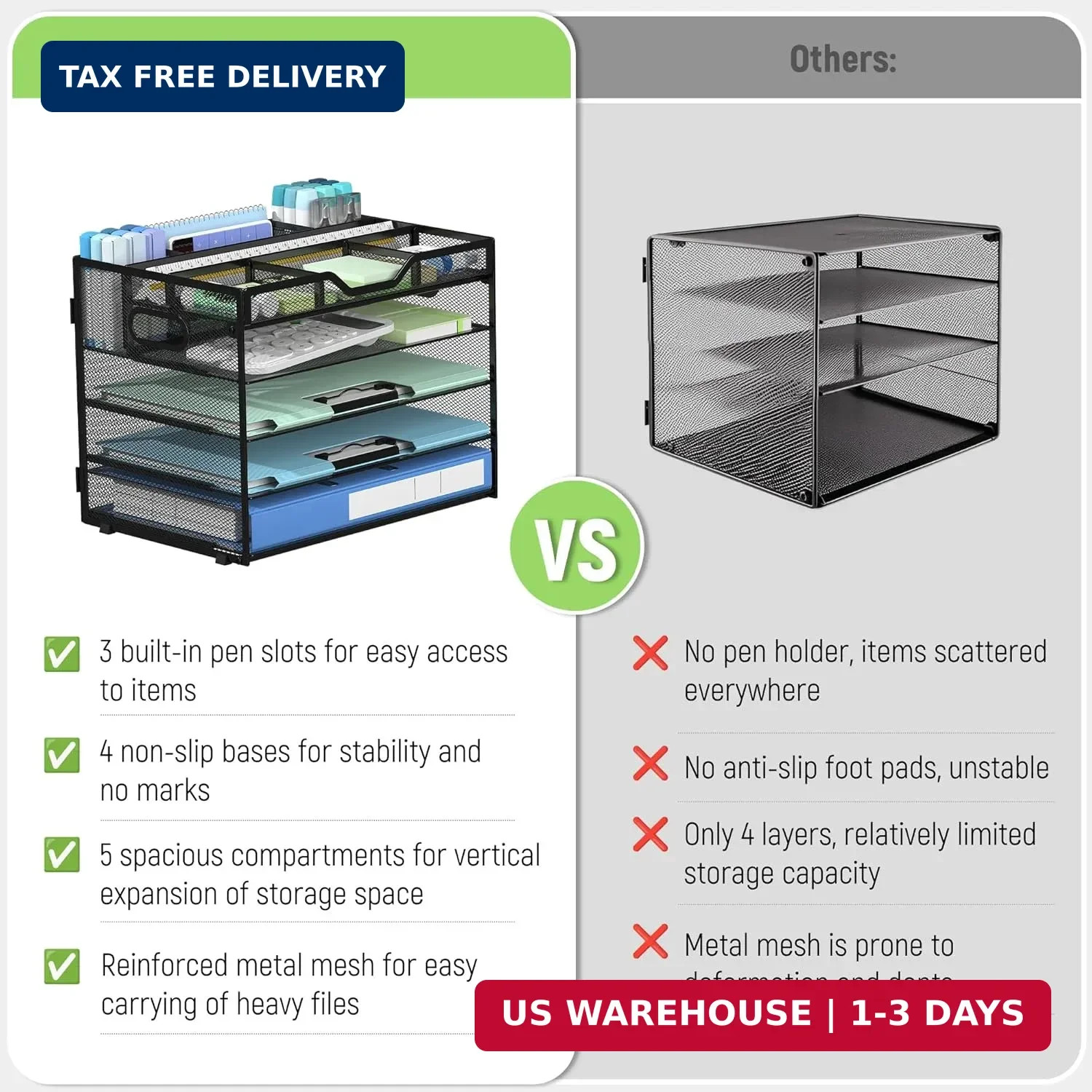 Docnest 5 Tier Mesh Desk Organizer with Adjustable Compartments – Stackable Lett
