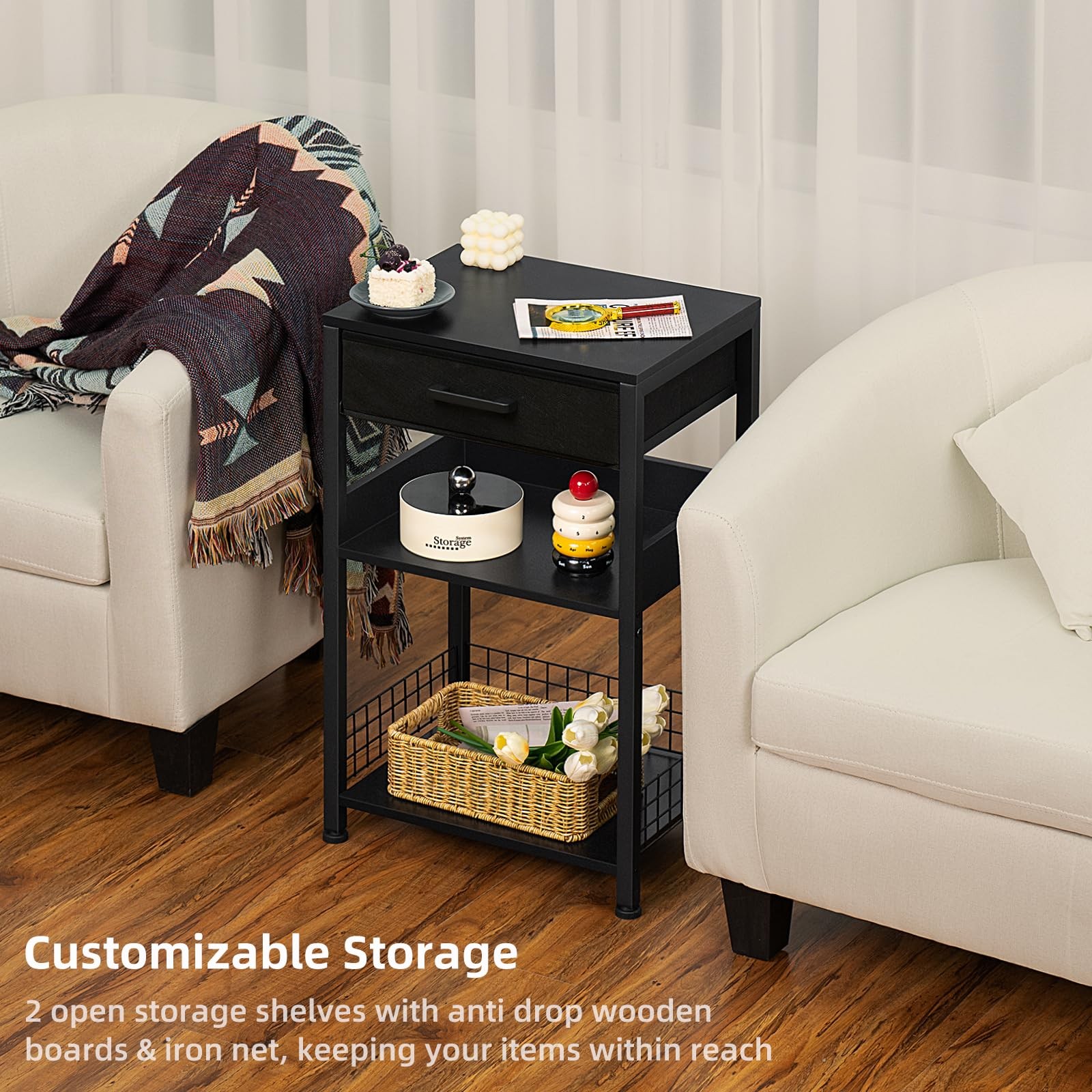 Lerliuo Pure Black Printer Table with Fabric Drawer,3 Tier 1 pack,