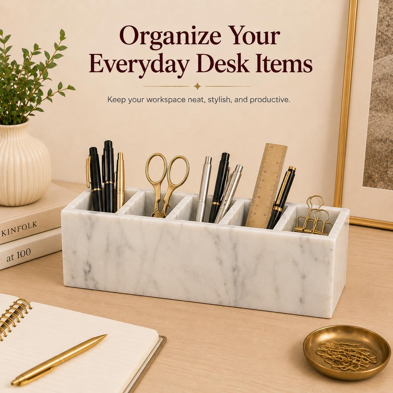 Natural White Marble 5-Compartment Desk Organizer for Pens & Brushes