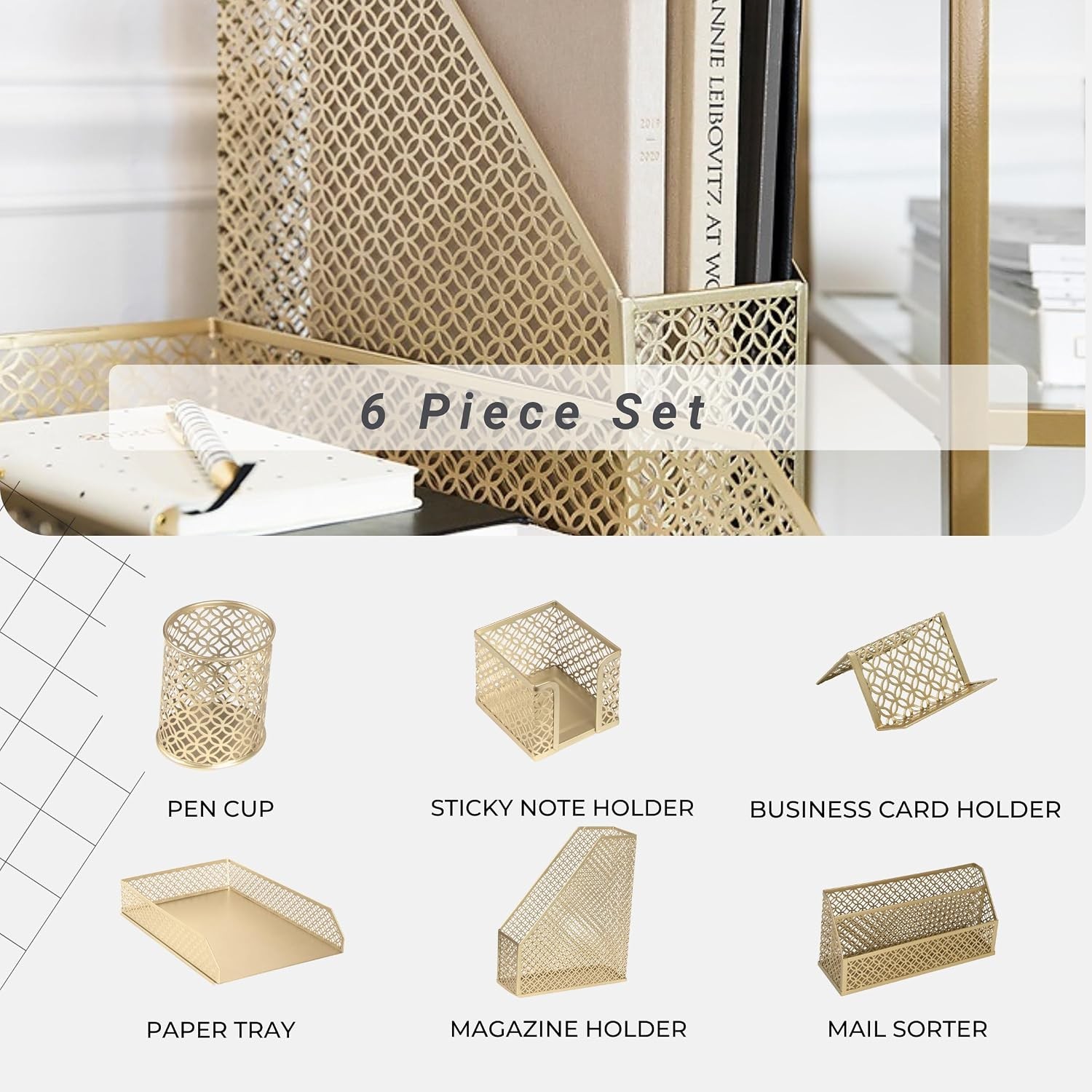 Gold Desk Organizer Set Mail Sorter Pen Holder Letter Tray Office Accessories