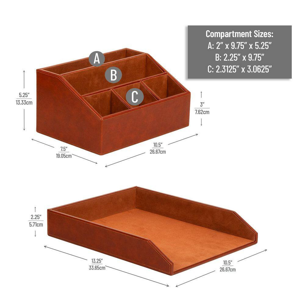Brown 13.25 In. W X 5.25 In. H Polyurethane Leather Stackable Desk Organizer and