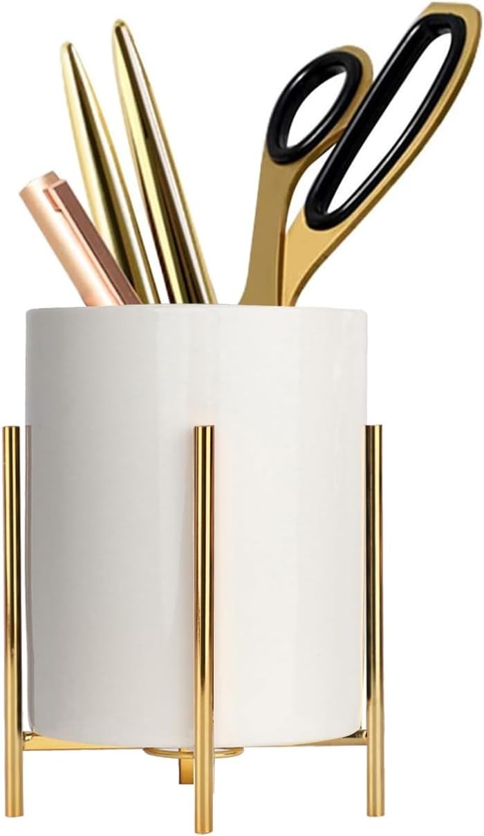 Gold pencil cup Sturdy metal frame with white ceramic pen holder For desks an…