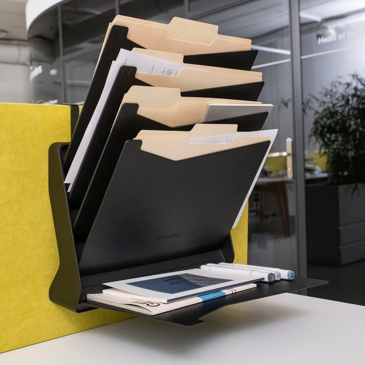 STEALTHO 5-Slot Desk & Wall File Organizer – Black Folder Holder & Paper Sorter