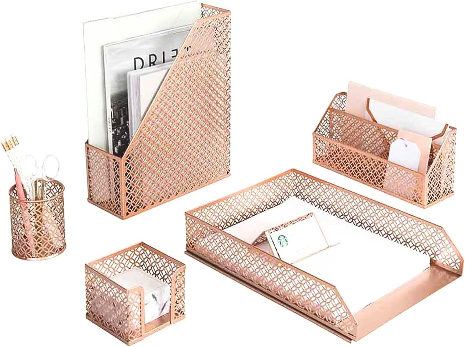 Gold Desk Organizer Set Mail Sorter Pen Holder Letter Tray Office Accessories