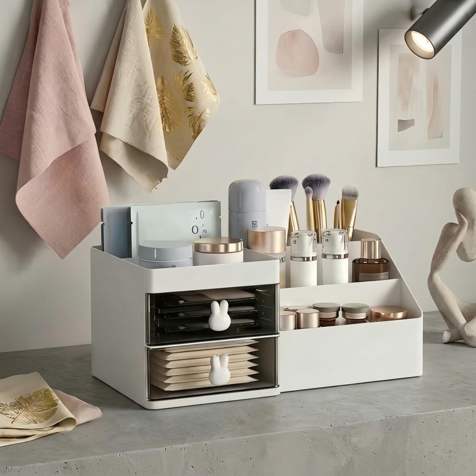 Makeup Organizer With 2 Drawers, Countertop For Vanity, White