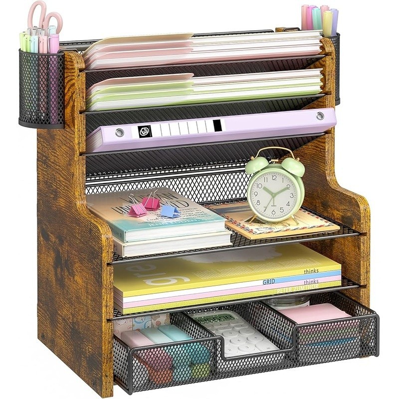 Versatile Desk Organizer W/ 5-Tier Paper Trays & Smooth-Gliding Drawer New