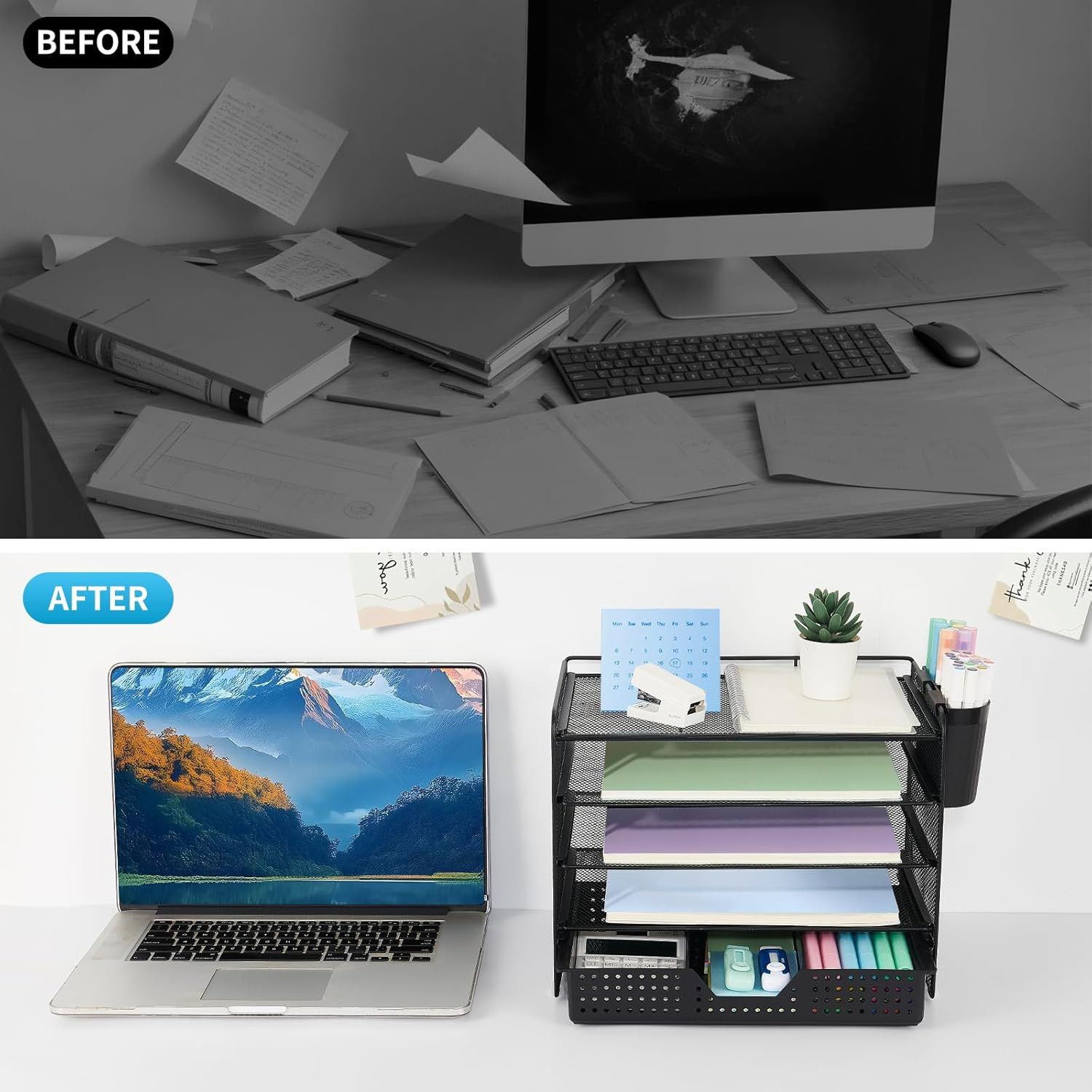 Desk Organizer and Accessories, 5-Tier Paper Letter Tray Organizer with Drawer &