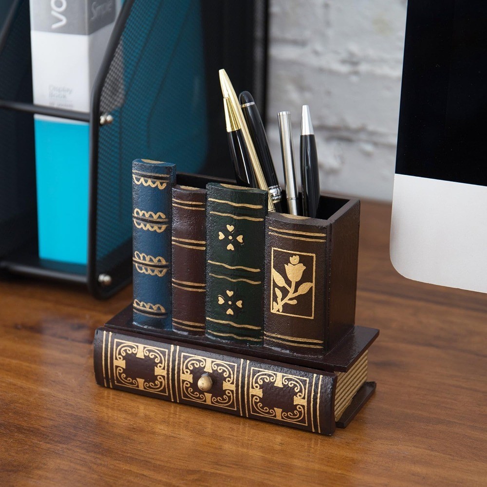 Decorative Desk Organizer Caddy, Pencil and Pen Holder with Bottom Storage