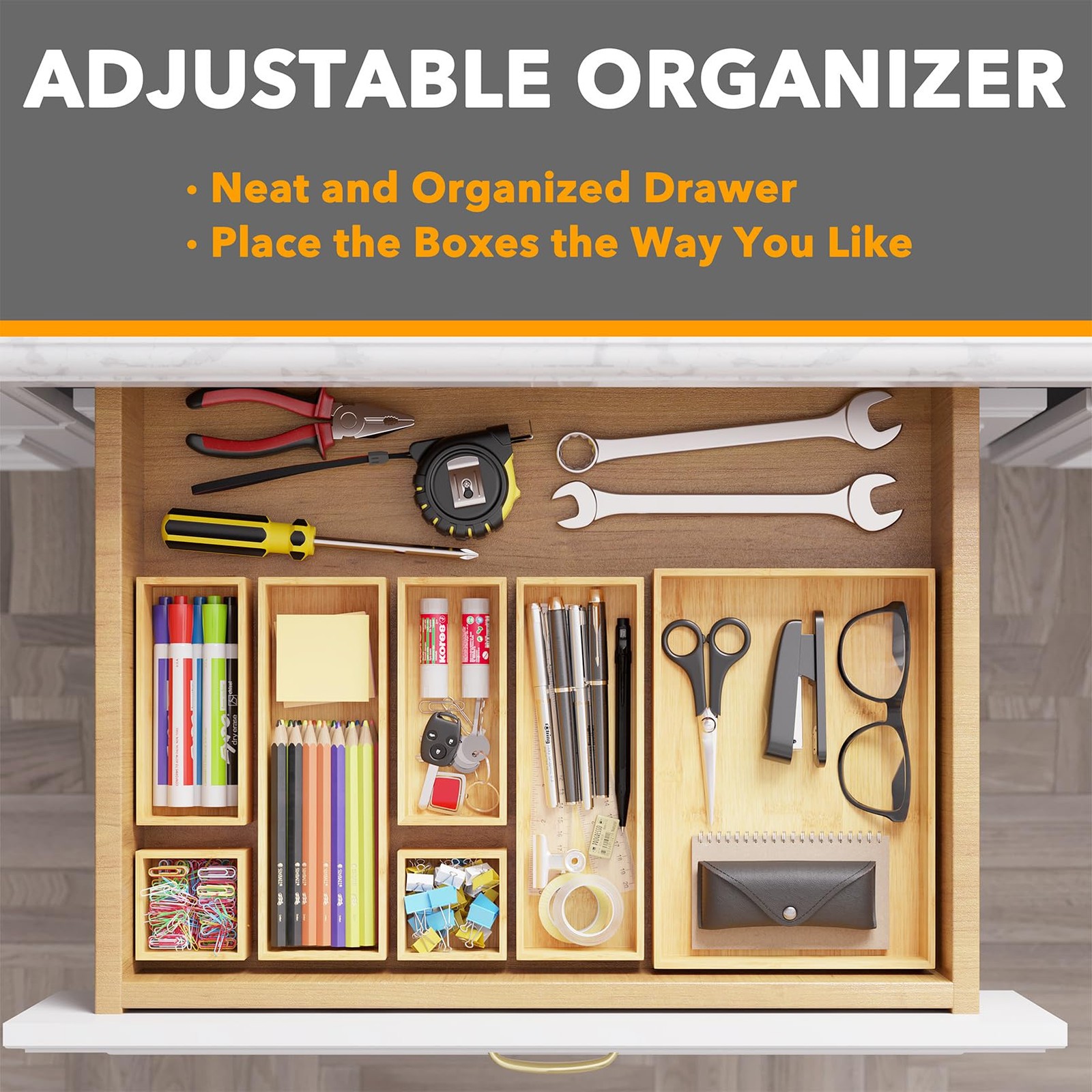 SpaceAid 7-Piece Bamboo Drawer Organizer Storage Boxes Set, 7-Piece, Natural