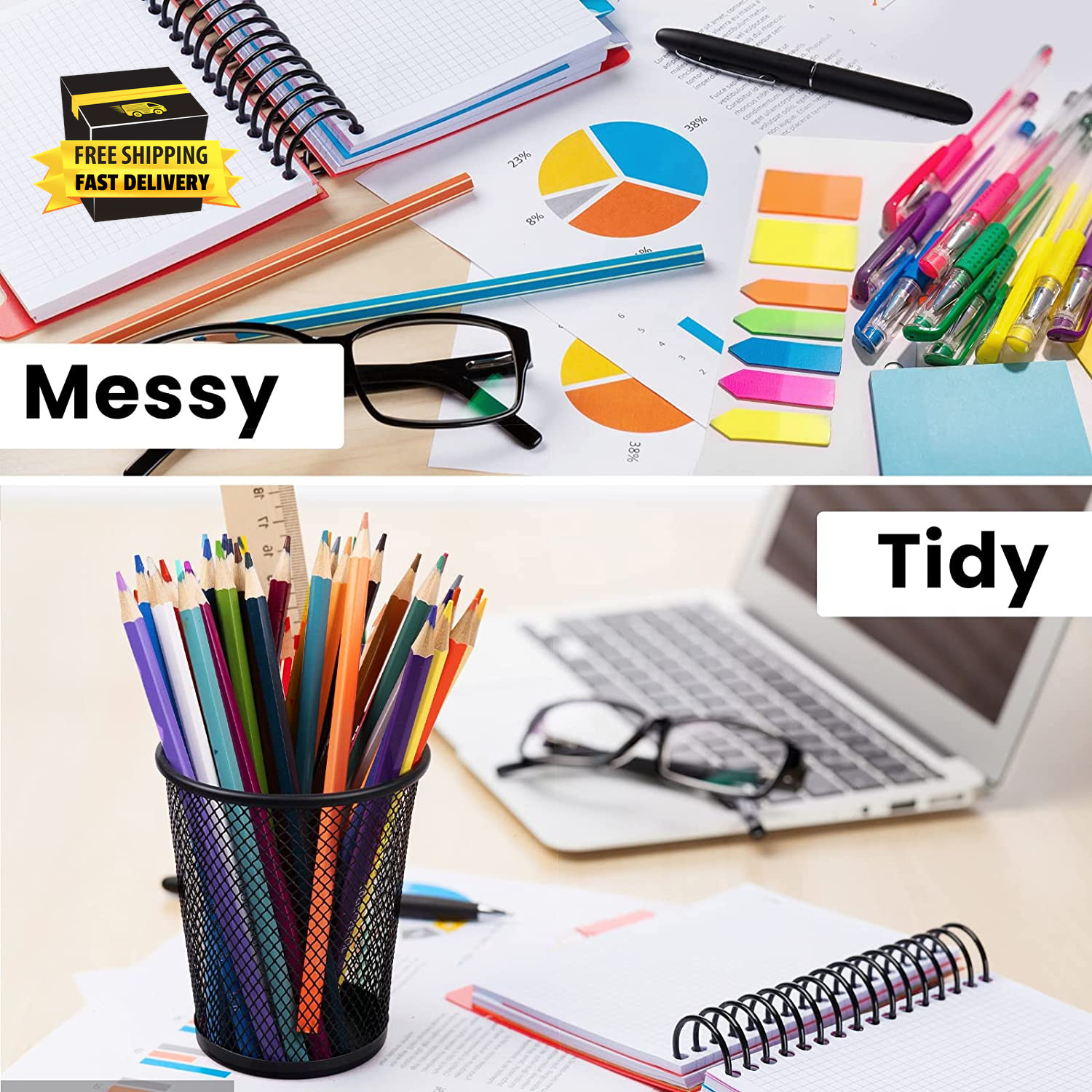 Mesh Pencil Holder for Desk 6 Pack, Metal Pen Cup Black | Pen Holder for Desk, D