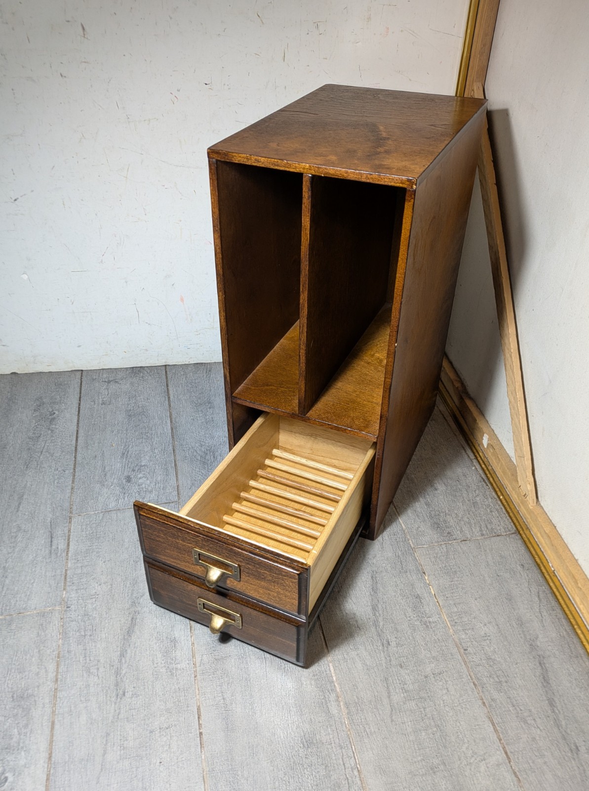 Vintage Wood Desktop Library Organizer Index Card Letter File Box Cabinet Drawer
