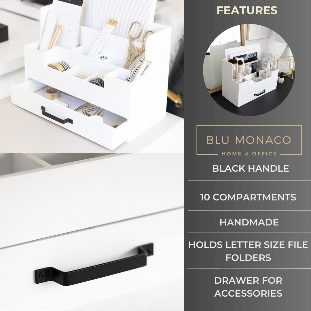 BLU MONACO White Wooden Desk Organizer With Drawer | Desktop Storage With Dra…