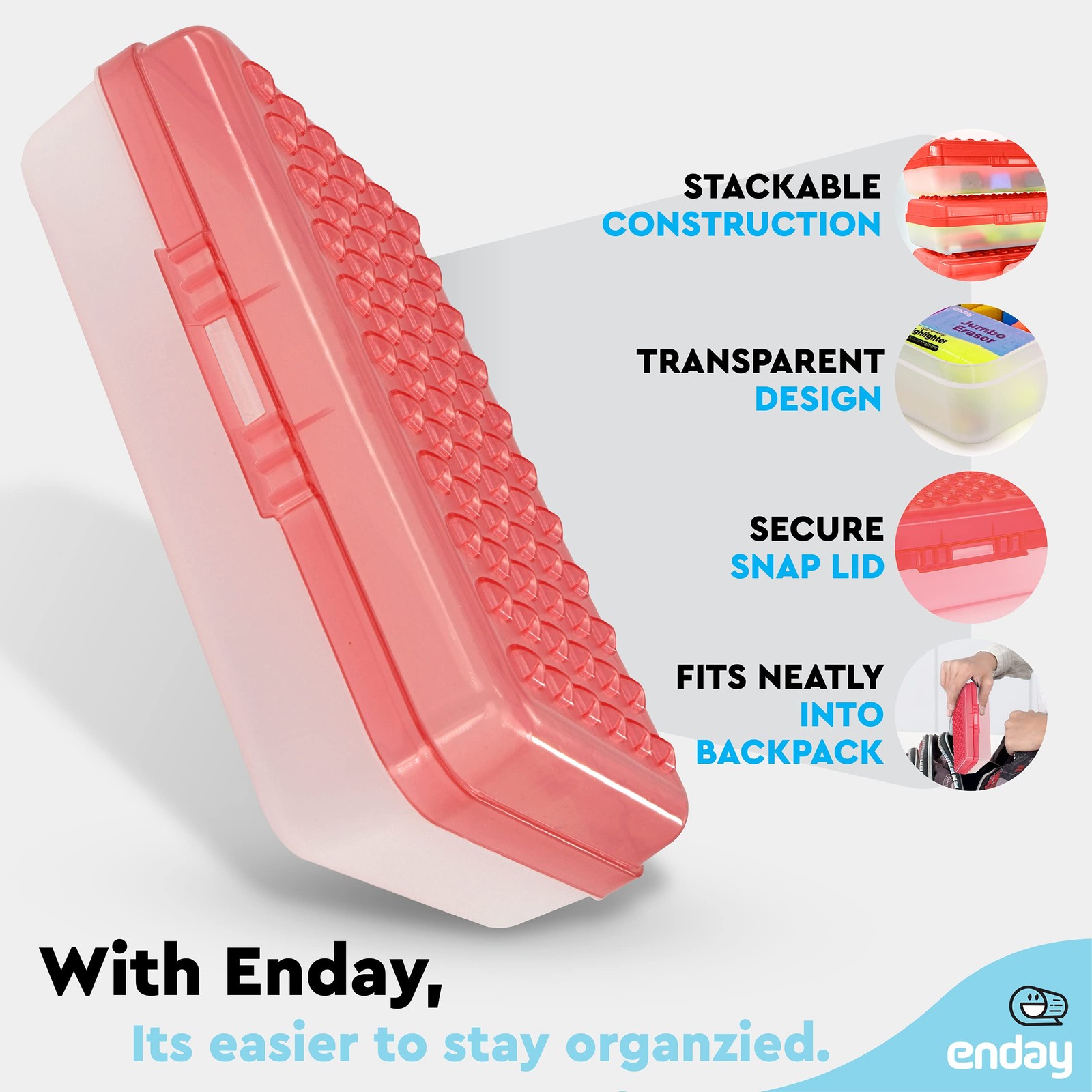 Plastic Pencil Box Red School Storage Case Organizer Snap Closure Supply