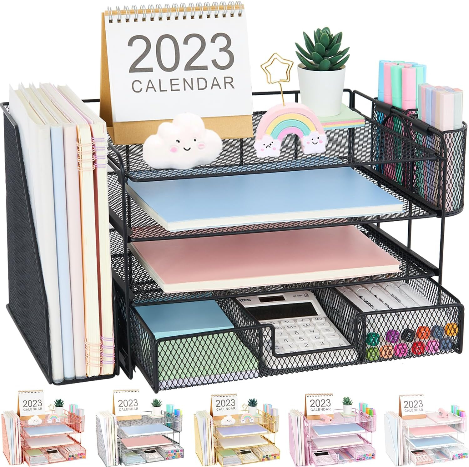 4-Tier Desk Organizer with Drawer & Pen Holders – Office Supplies (Black)