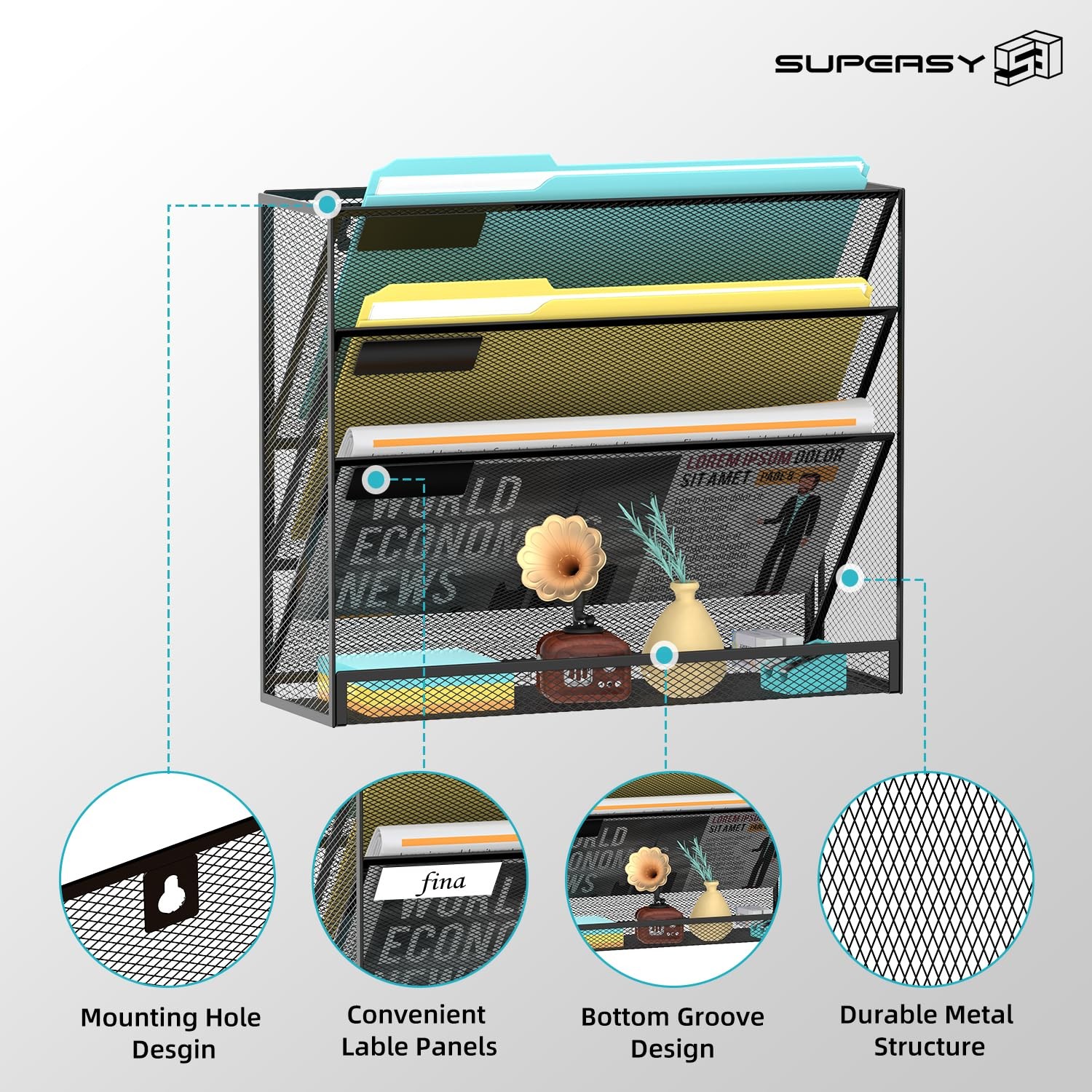 SUPEASY Wall File Organizer Mesh Office Mail Holder, Hanging 4-Tier, Black