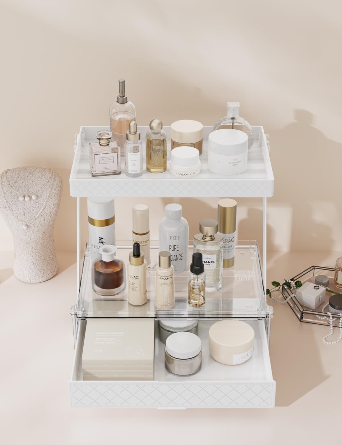 NEATORA 2 Tier Bathroom Countertop Organizer, Z-Shaped Vanity Organizer White