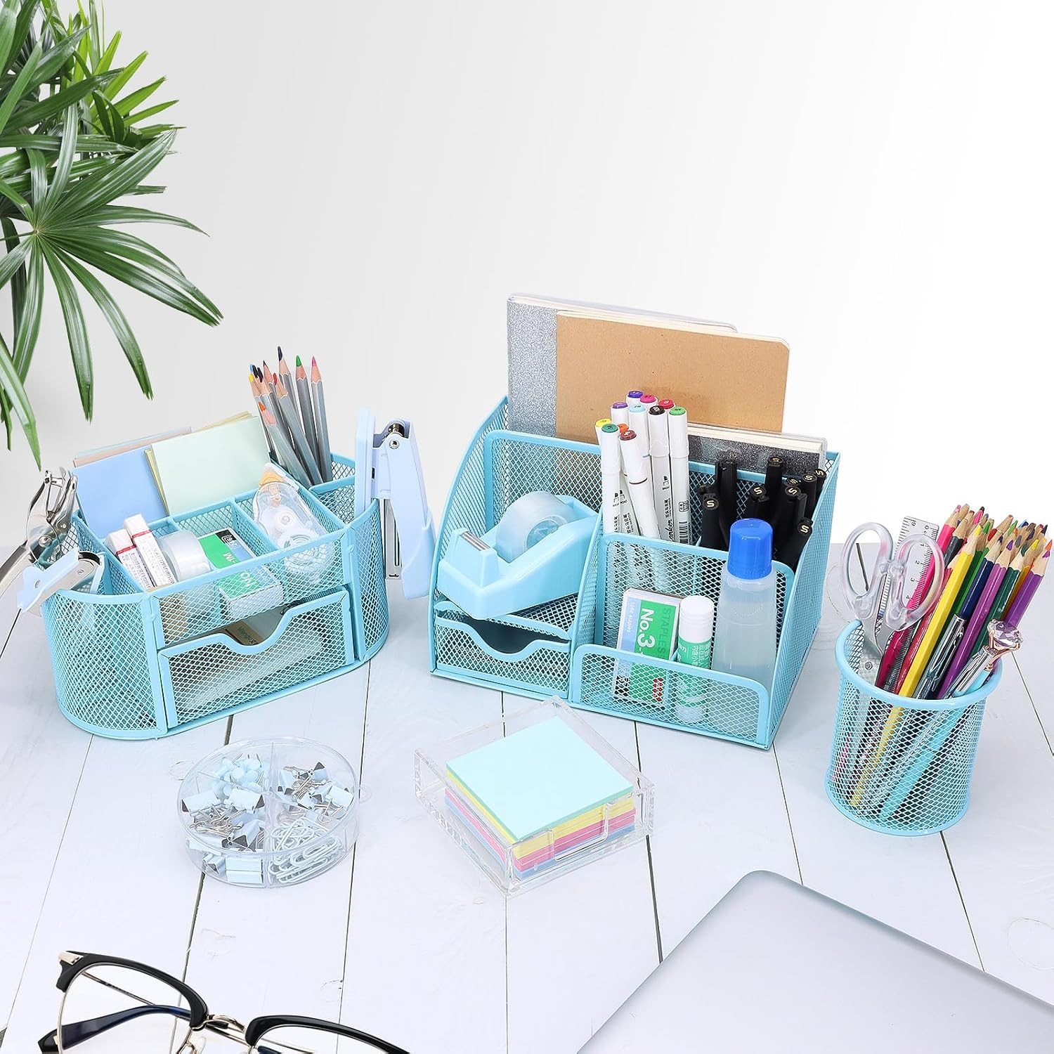 17 in 1 Blue Desk Organizers and Accessories Set, 3 Office Desk Supplies Storage