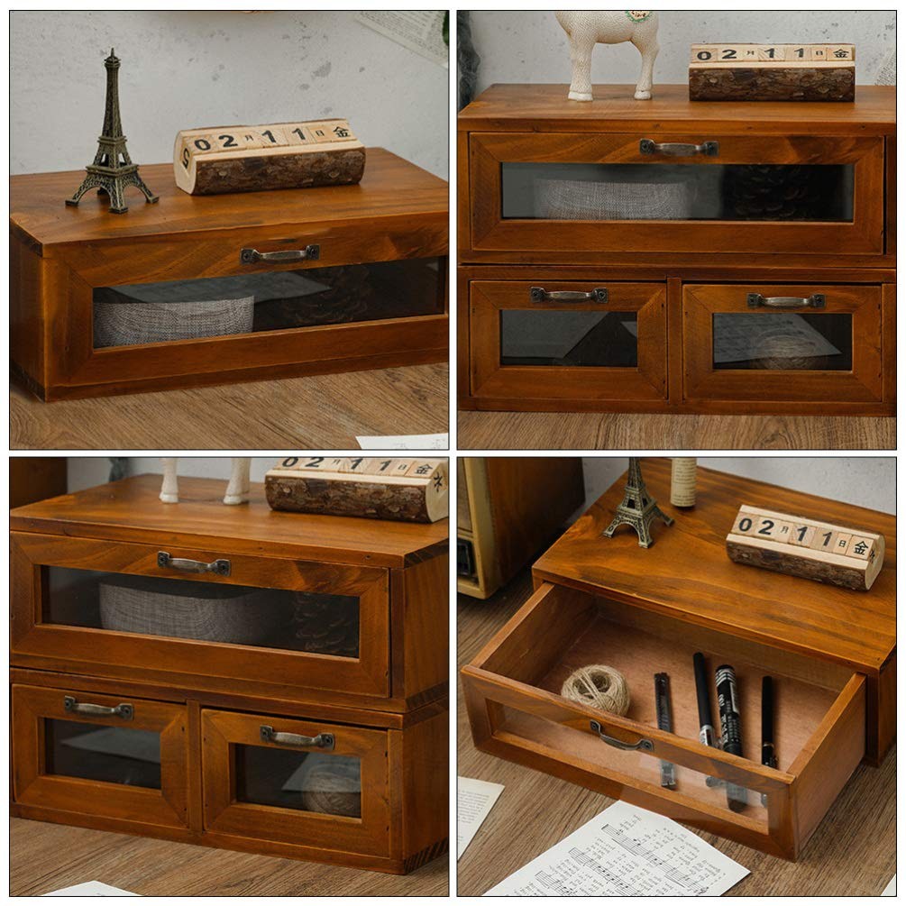 LIFKOME Wood Desk Organizer, 2 Drawers Bamboo Storage Box, Coffee Brown