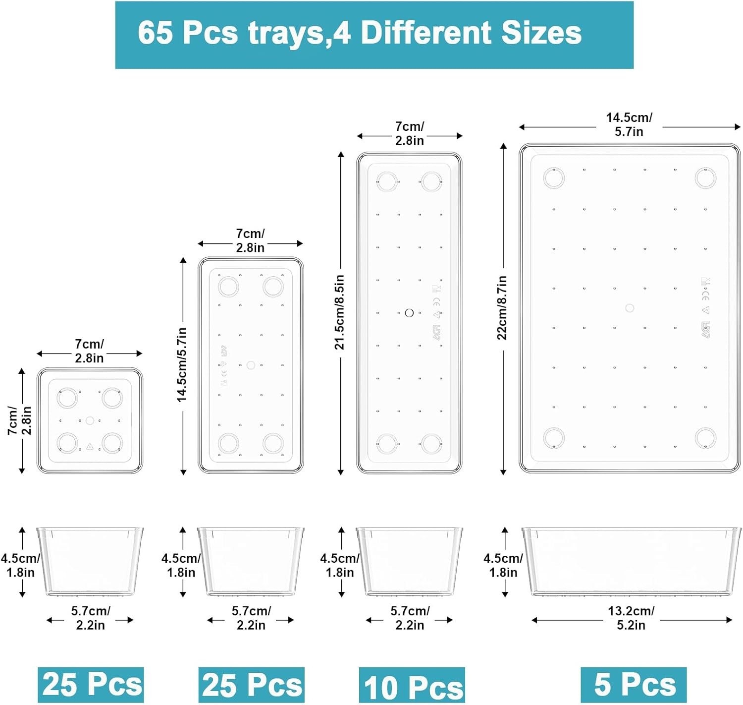65 Piece Clear Plastic Drawer Organizer Set Space Saving Design, 4 Sizes