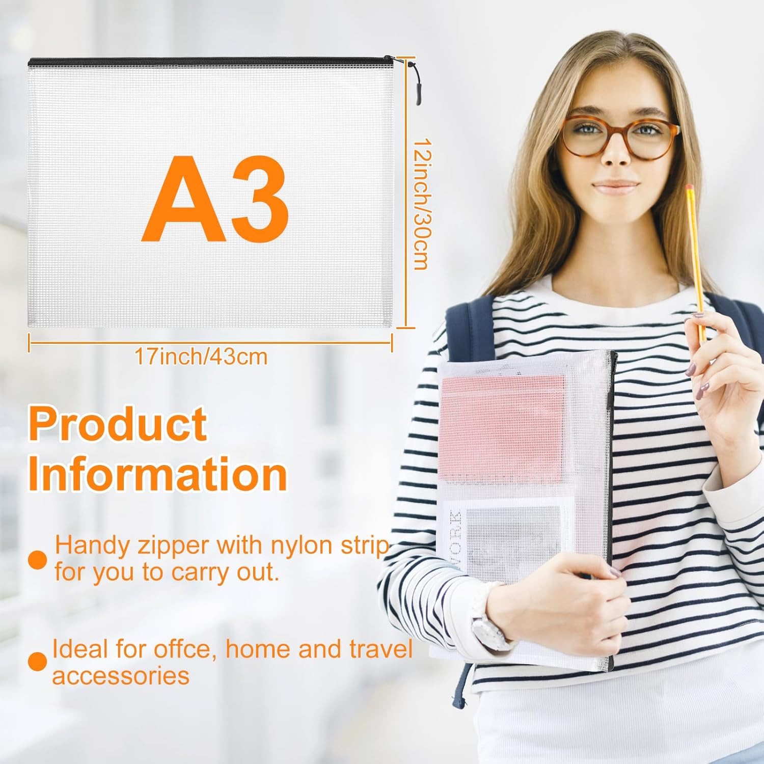 20Pcs Mesh Zipper Pouch Bags A4 Mesh Bags for Classroom Organization, Waterproof