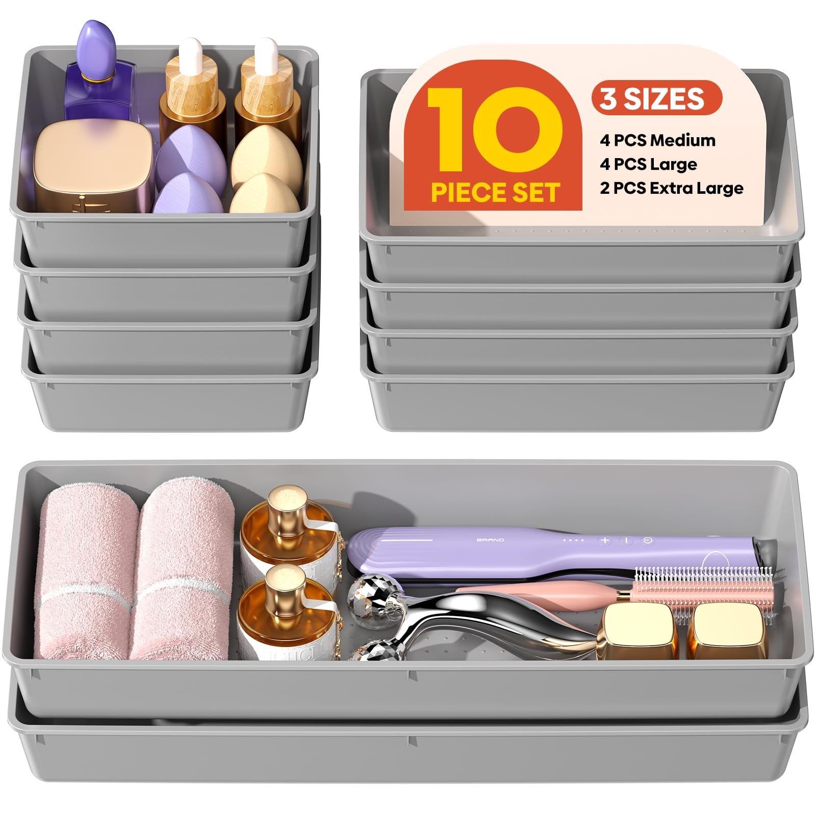 10 Pack Large Size Plastic Drawer Organizers Set, 3 Sizes Desk Drawer Organiz…