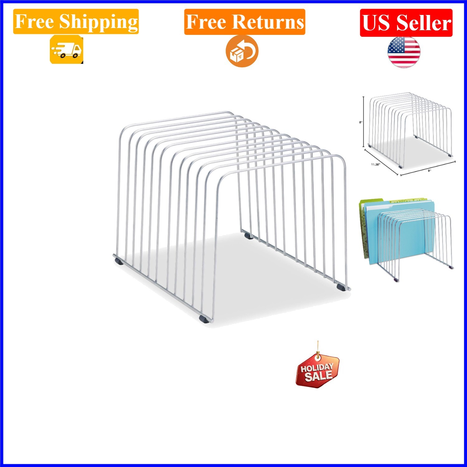 Desktop Organizer, 11 Compartments, Steel, Silver, 9×11.38×8 Inches
