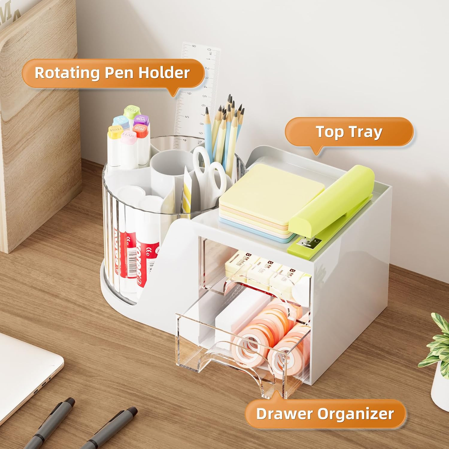 Desk Organizer with 2 Drawer, 360°Rotating Pen Holder, Desk Organizers and Acces
