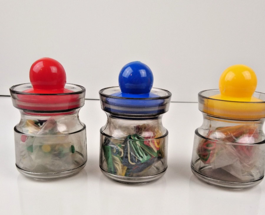 VTG 1970’s Space Age Jars With Office Supplies Acrylic Red Yellow Blue