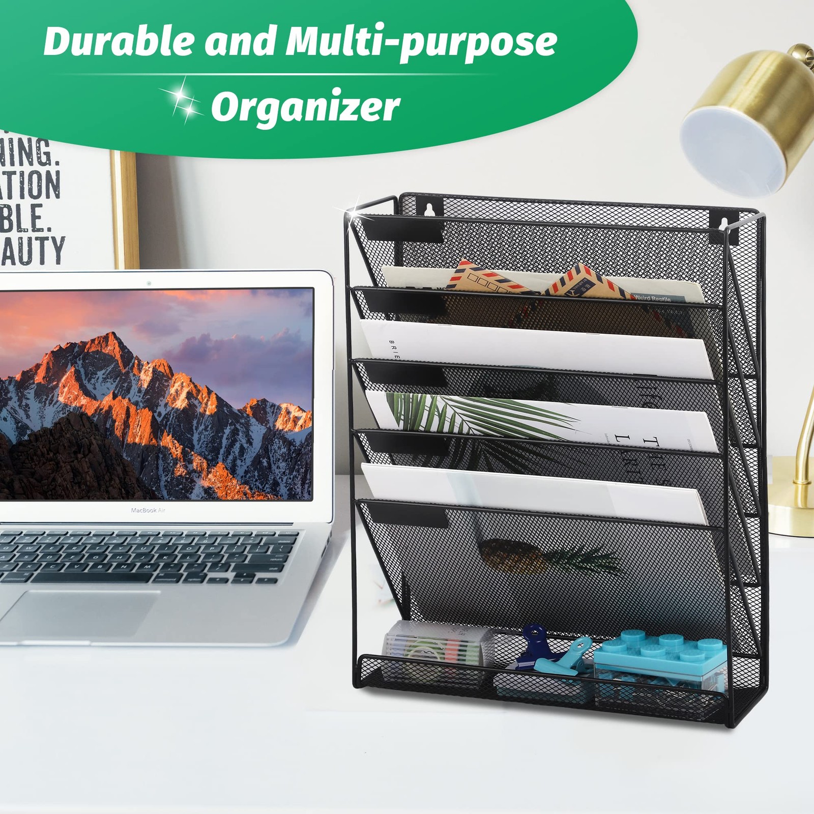 EASEPRES Desk File Organizer Mesh 6-Tier, Hanging Wall Mount 6 Tier, Black